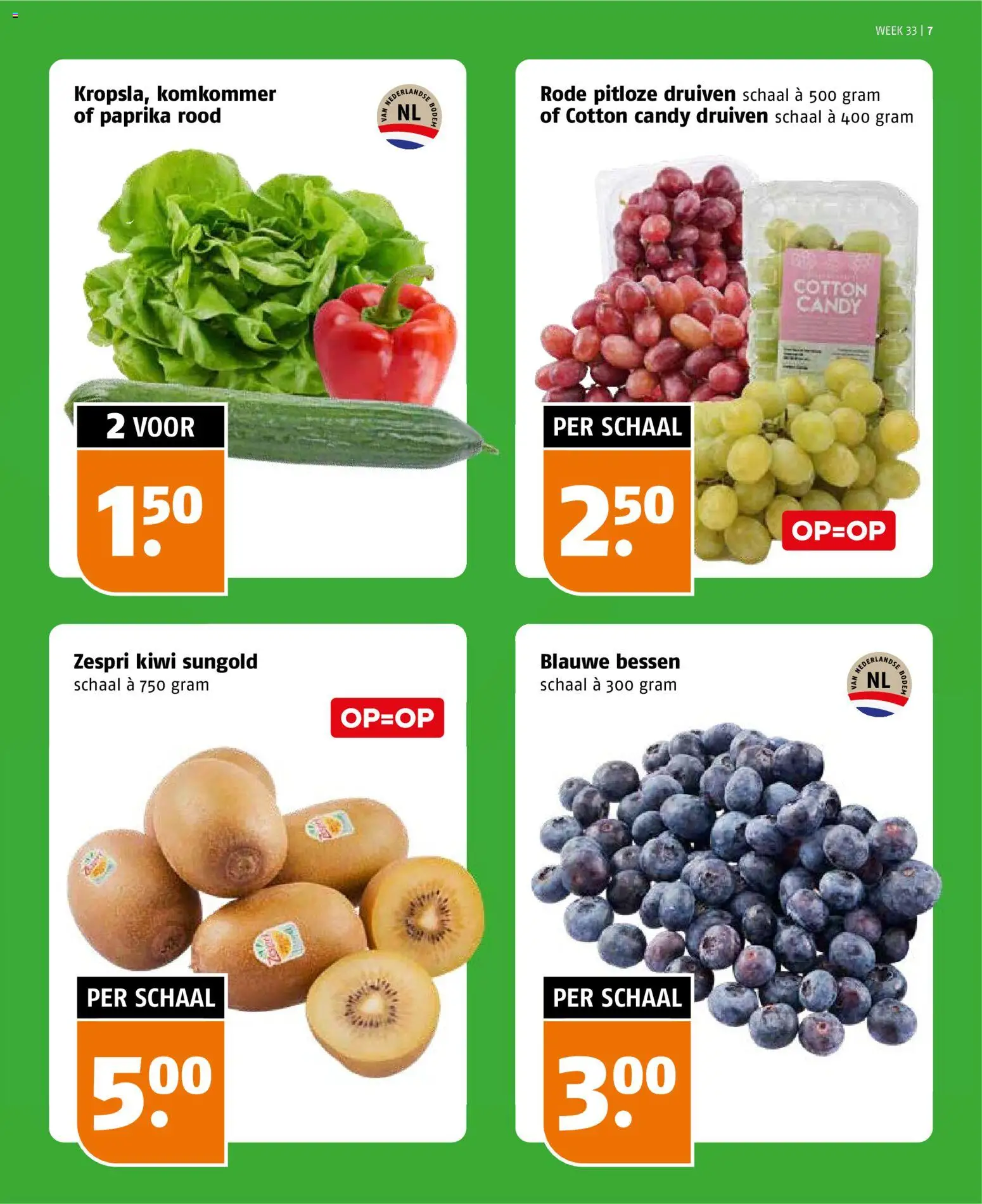 {H1} | Pagina: 7 | Producten: Komkommer, Kiwi, Schaal, Druiven