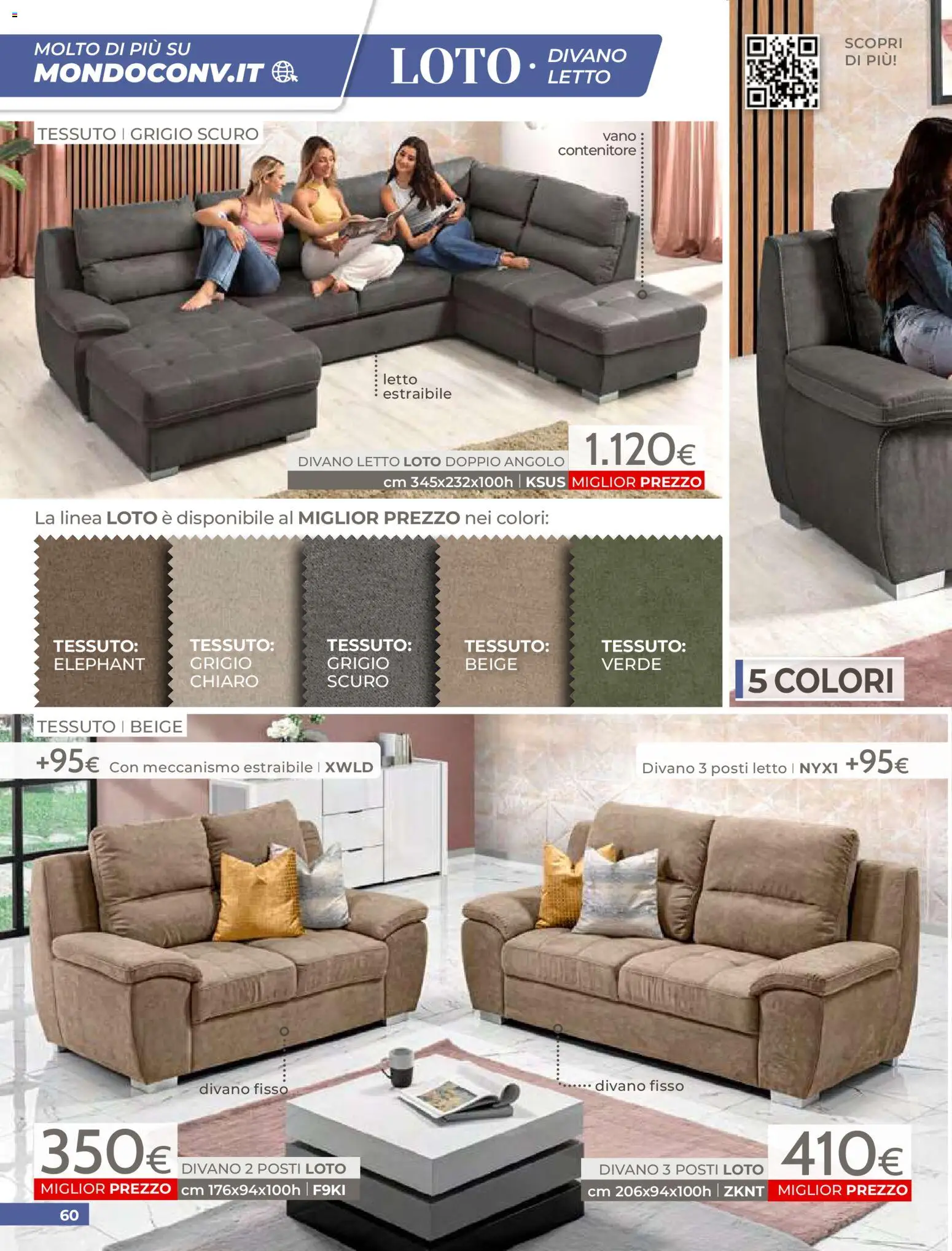 Volantino Mondo Convenienza del 01.04.2026 | Pagina: 62 | Prodotti: Divano letto, Contenitore, Letto, Divano