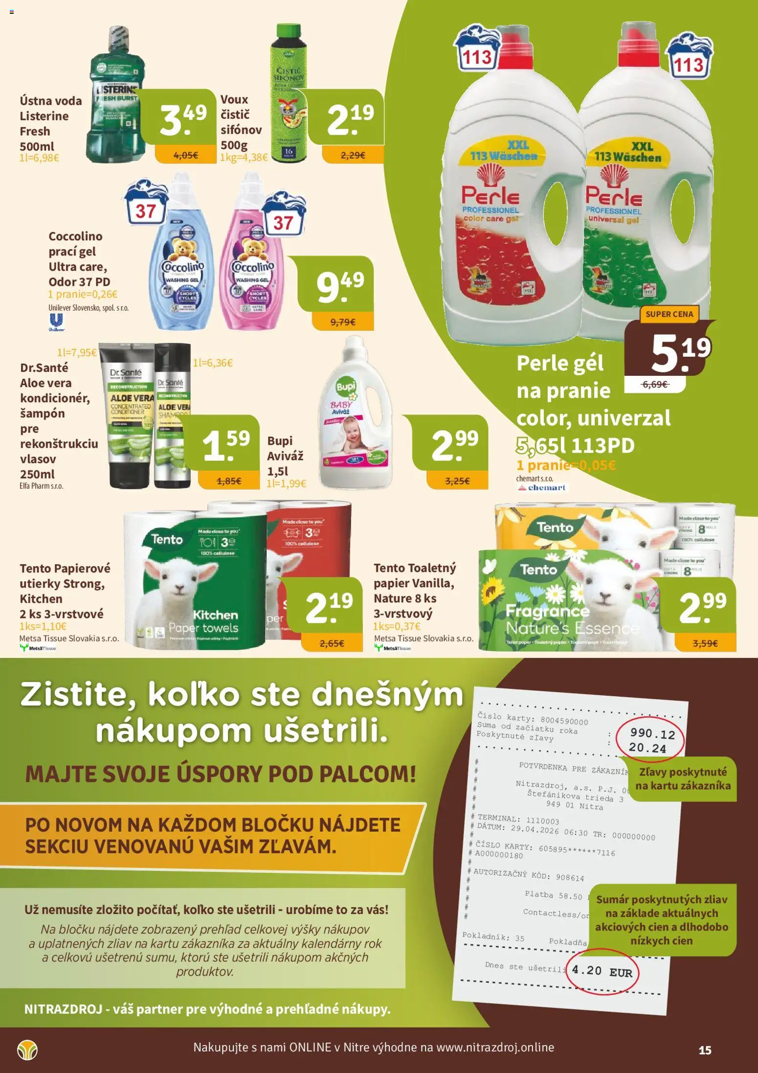 Nové Nitrazdroj akcie – leták je platný od 22.05.2026 | Strana: 15 | Produkty: Listerine, Ústna voda, Aviváž, Voda