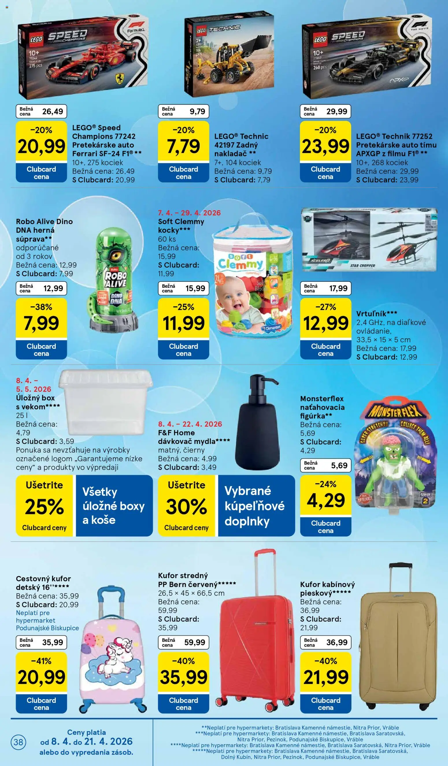 Nové Tesco akcie – leták je platný od 08.04.2026 | Strana: 38 | Produkty: Úložné boxy, LEGO, Kufor