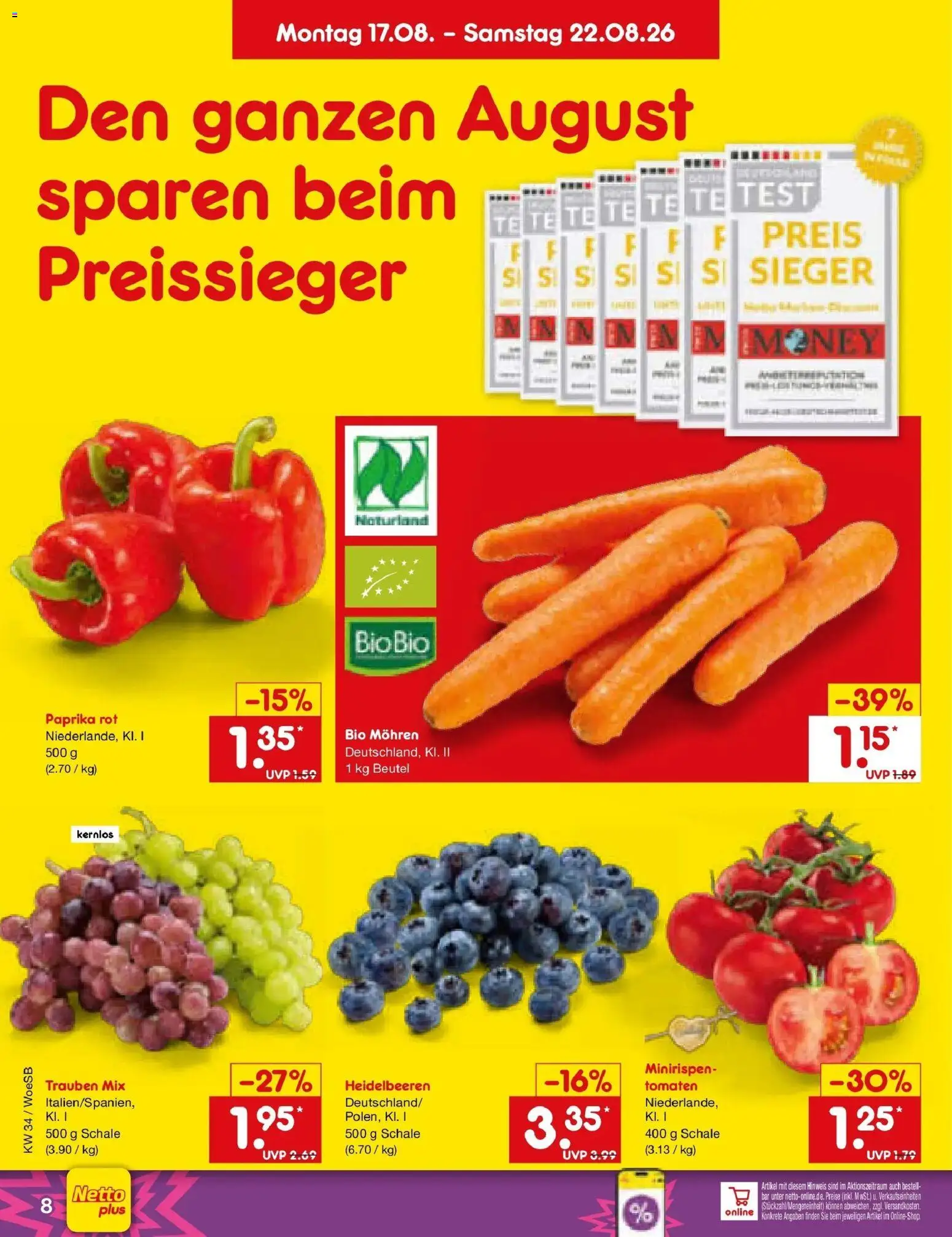Netto Marken-Discount Prospekt Gemmingen – gültig ab 17.08.2026 | Seite: 10 | Produkte: Paprika rot, Tomaten, Mohren, Heidelbeeren