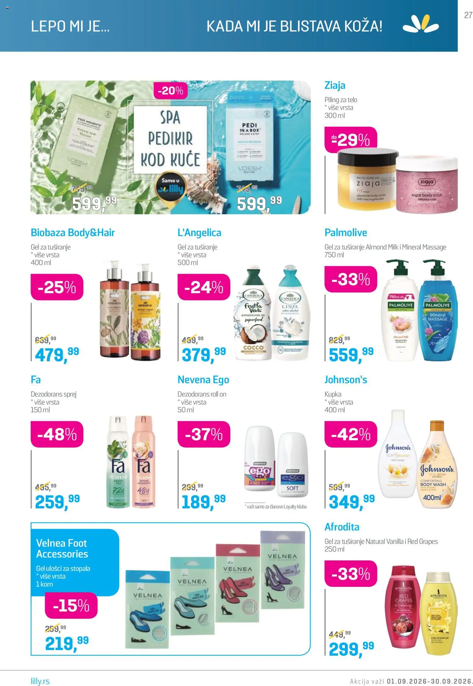 Lilly drogerie katalog - važi od 01.09.2026 | Strana: 27 | Proizvode: Piling, Ulošci, Gel za tuširanje, Dezodorans