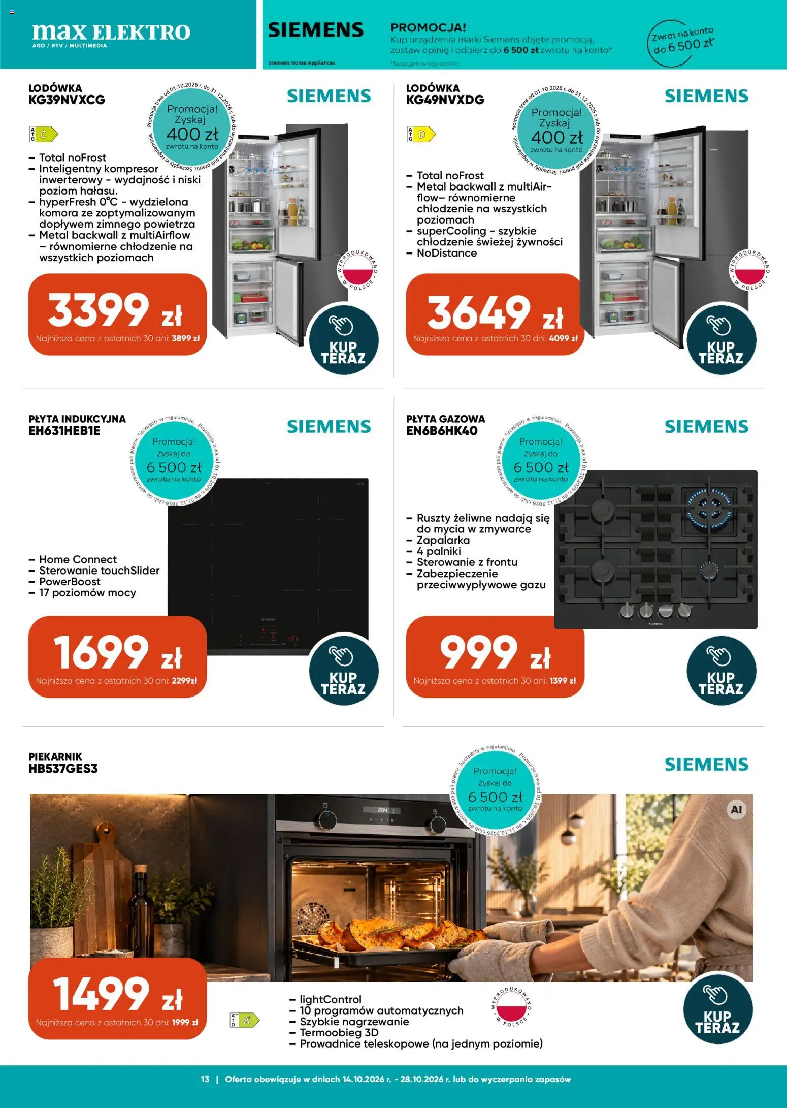 Max elektro gazetka od 14.10.2026 | Strona: 13 | Produkty: Płyta indukcyjna, Lodówka, Piekarnik, Kompresor