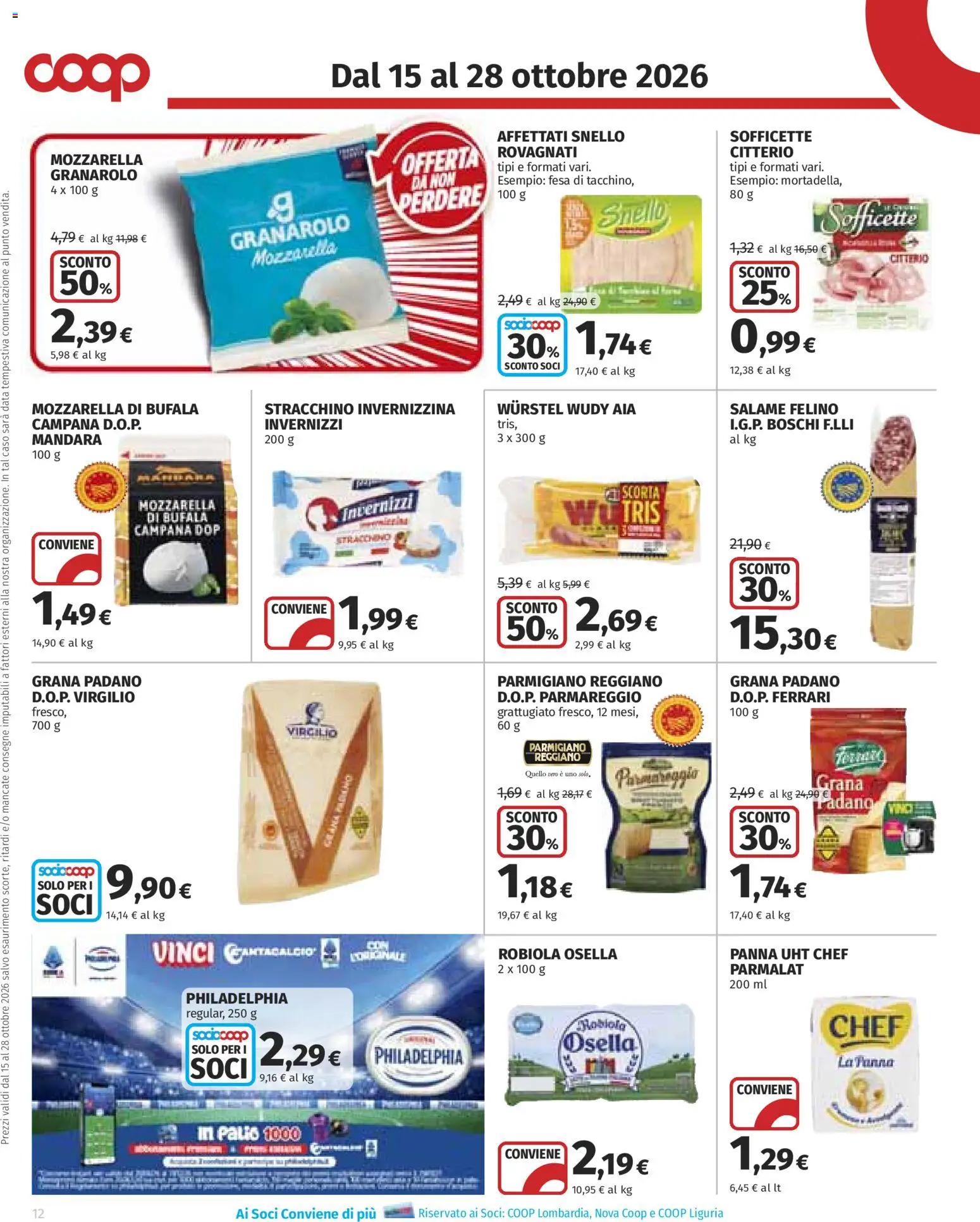 Volantino COOP del 15/10/2026 | Pagina: 12 | Prodotti: Panna, Mozzarella, Grana Padano, Stracchino