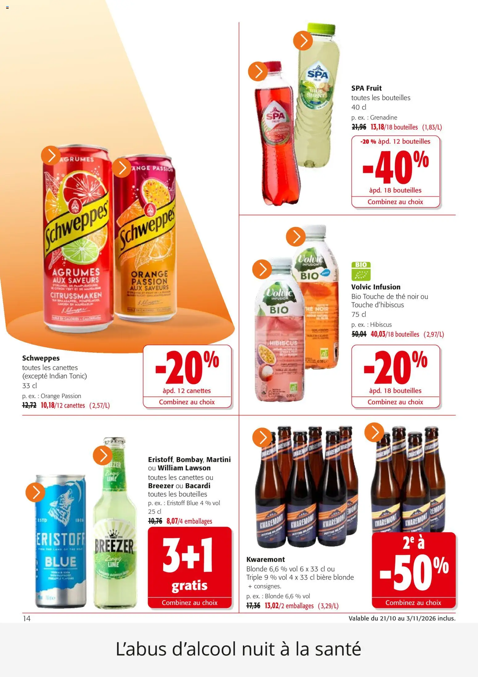 {H1} | Page: 14 | Produits: Volvic, Bacardi, Orange, Infusion
