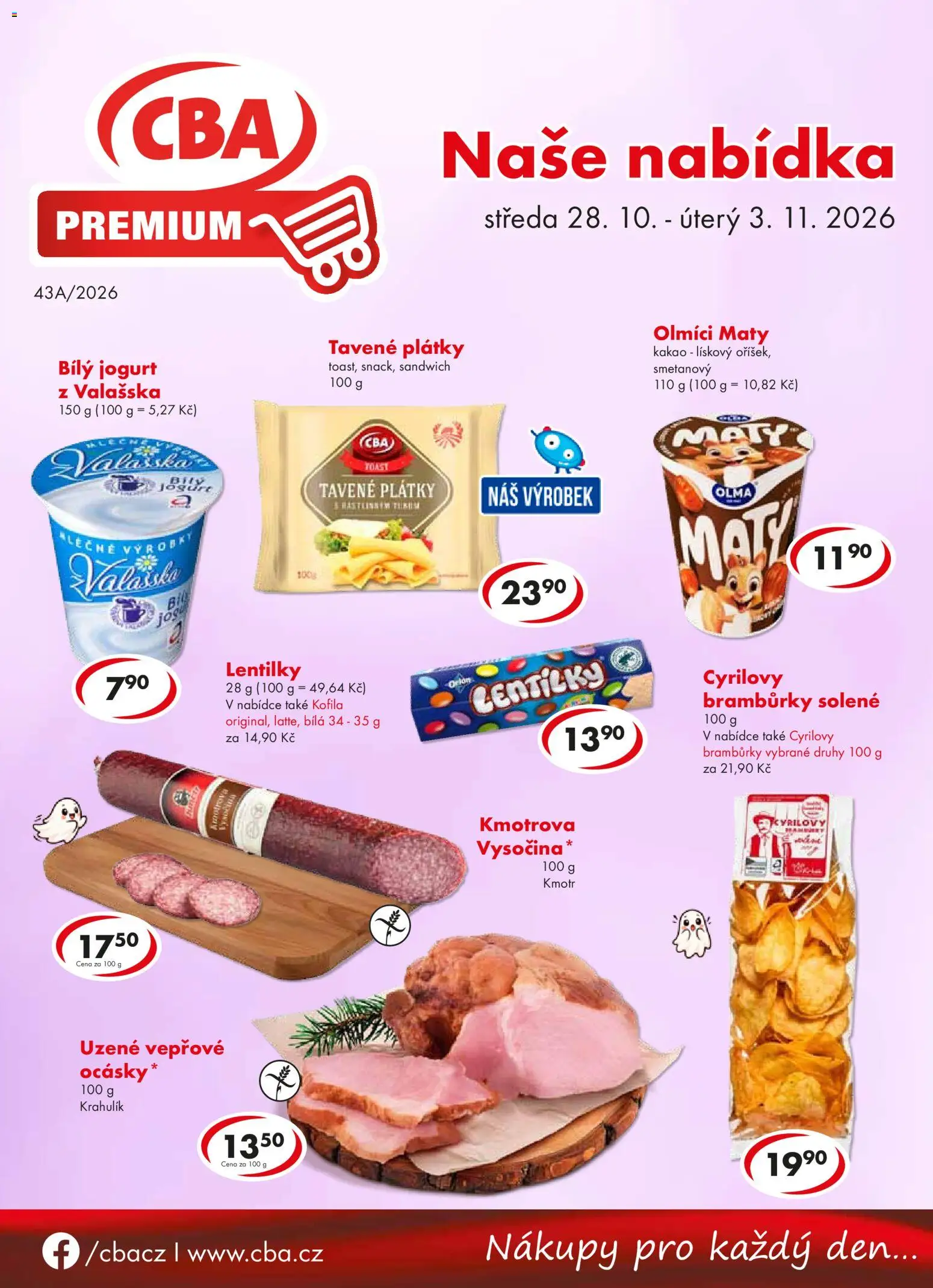 CBA leták - Premium od 28.10.2026 | Strana: 1 | Produkty: Jogurt, Cyrilovy brambůrky, Kakao, Bílý jogurt