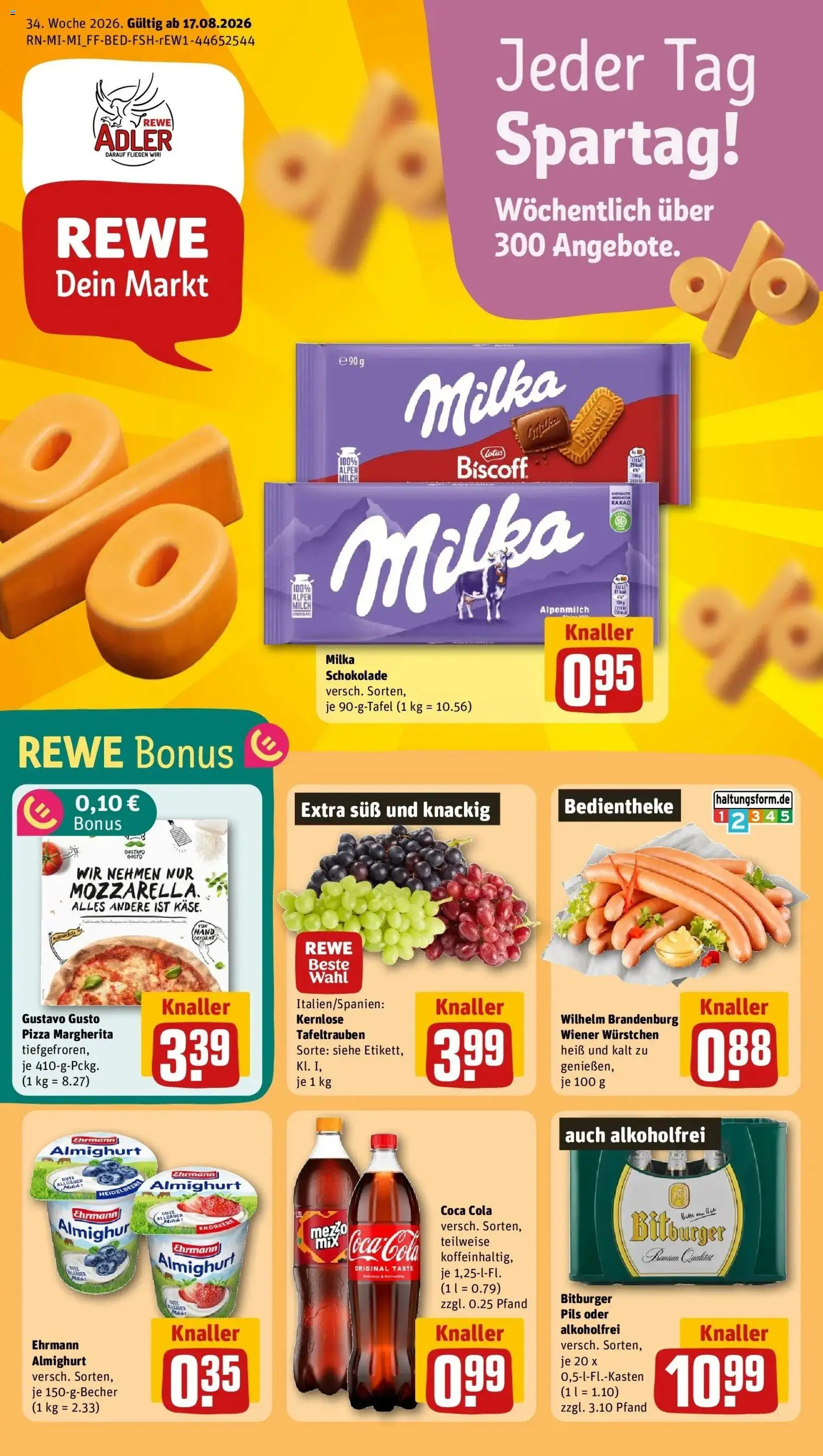 REWE Prospekt ab 17.08.2026 zum Blättern » Angebote | Seite: 1 | Produkte: Bitburger, Coca cola, Cola, Pils