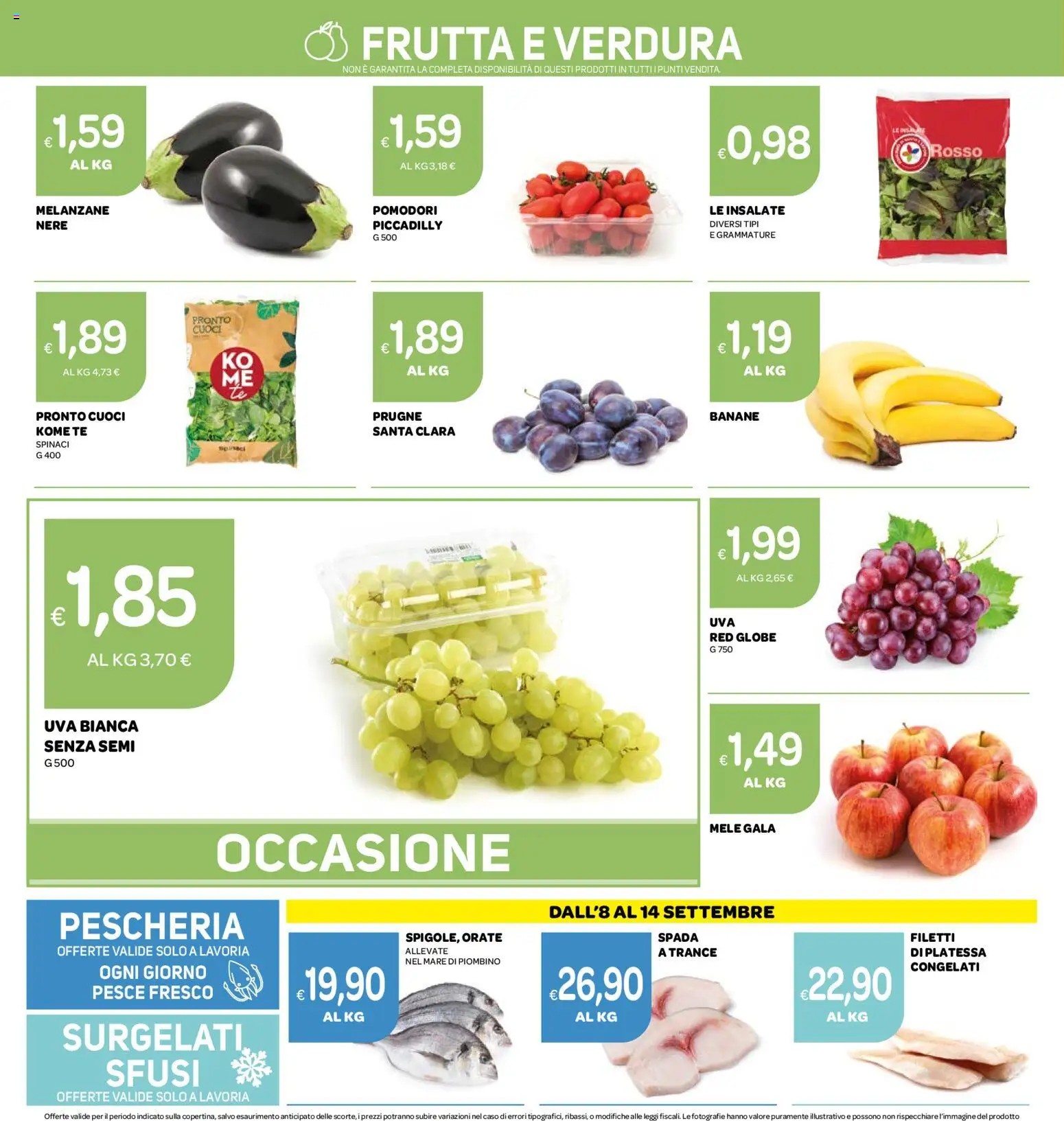 Volantino Ekom del 08/09/2026 | Pagina: 8 | Prodotti: Prugne, Frutta, Pomodori, Uva