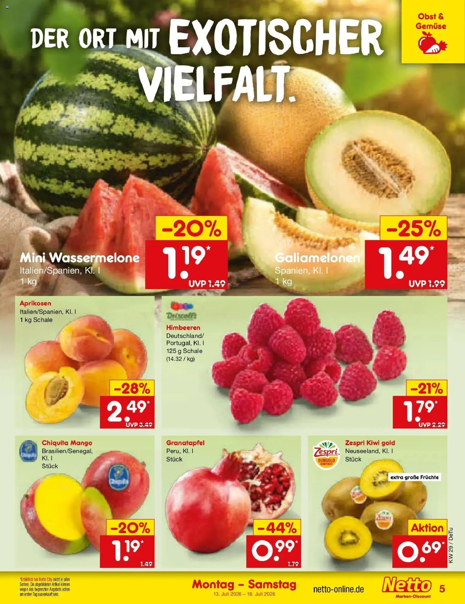 Netto Marken-Discount Prospekt Buttenwiesen – gültig ab 13.07.2026 | Seite: 5 | Produkte: Himbeeren, Granatapfel, Mango, Kiwi