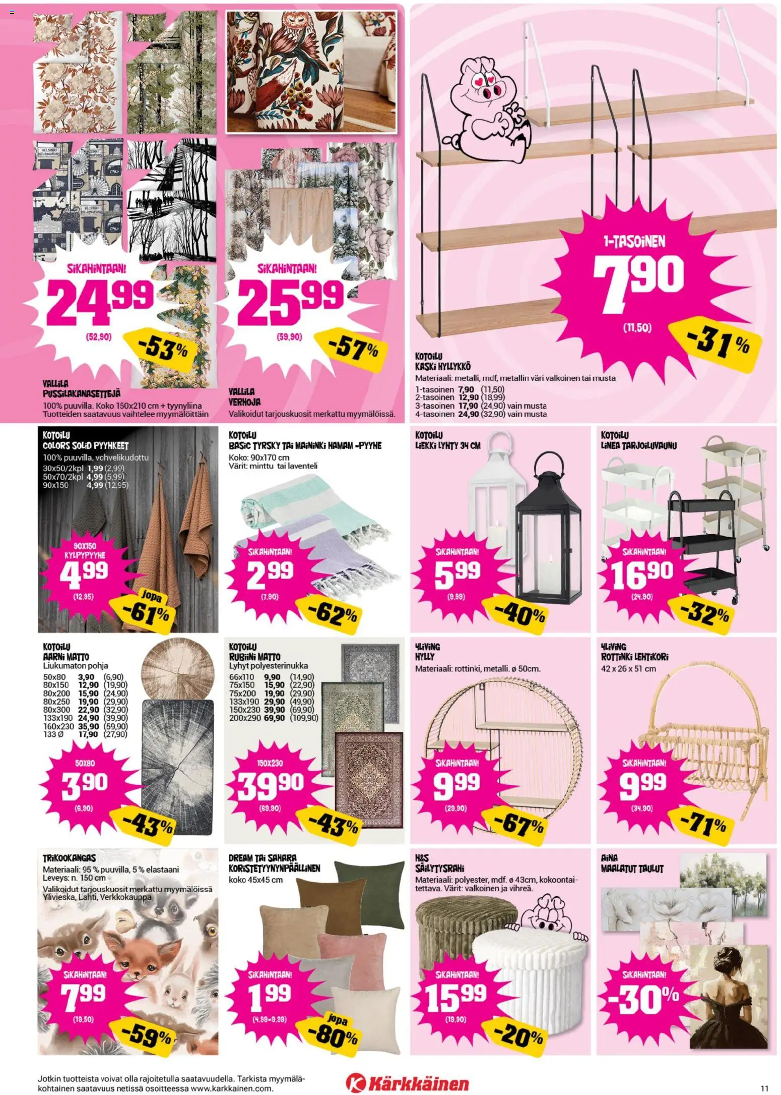 Kärkkäinen tarjoukset – voimassa 30/09/2026 alkaen | Sivu: 11 | Tuotteet: Pyyhkeet, Minttu, Matto, Tyynyliina