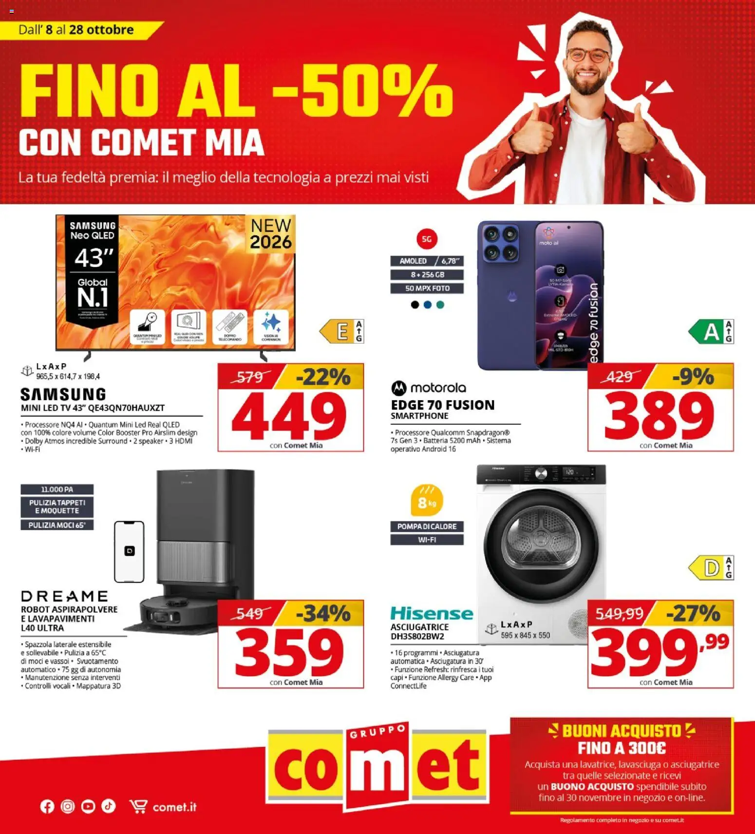 Volantino Comet del 08/10/2026 | Pagina: 1 | Prodotti: Lavasciuga, TV, Robot, Samsung