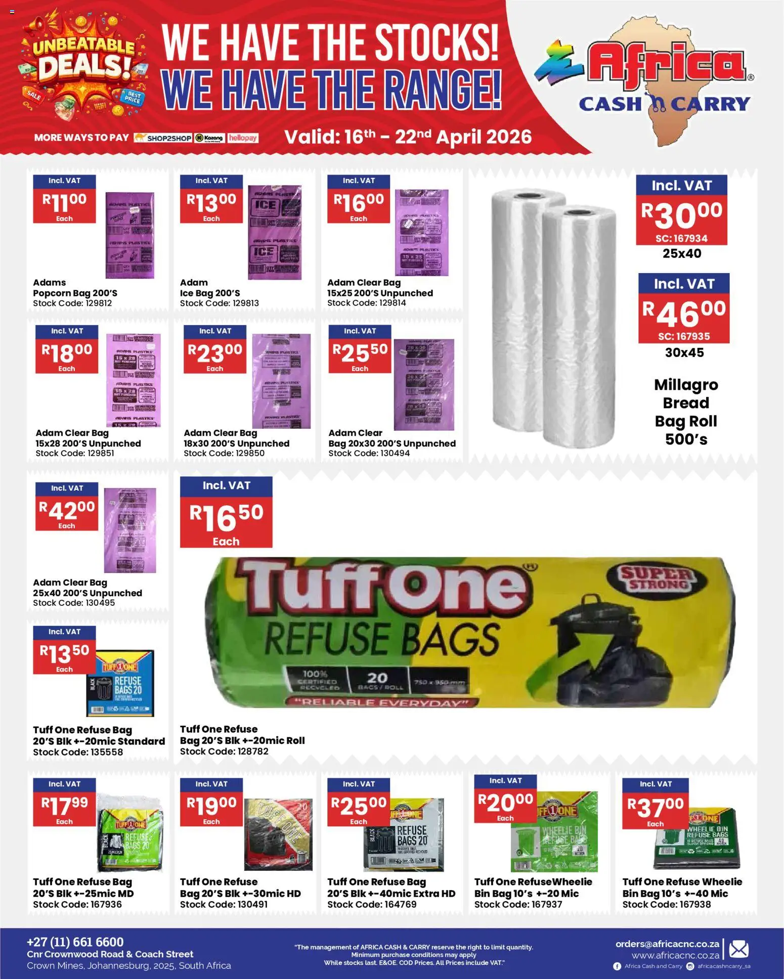 New Africa Cash & Carry catalogue – valid from 16.04.2026 | Page: 52 | Products: Bread, Popcorn, Refuse bags, Stock