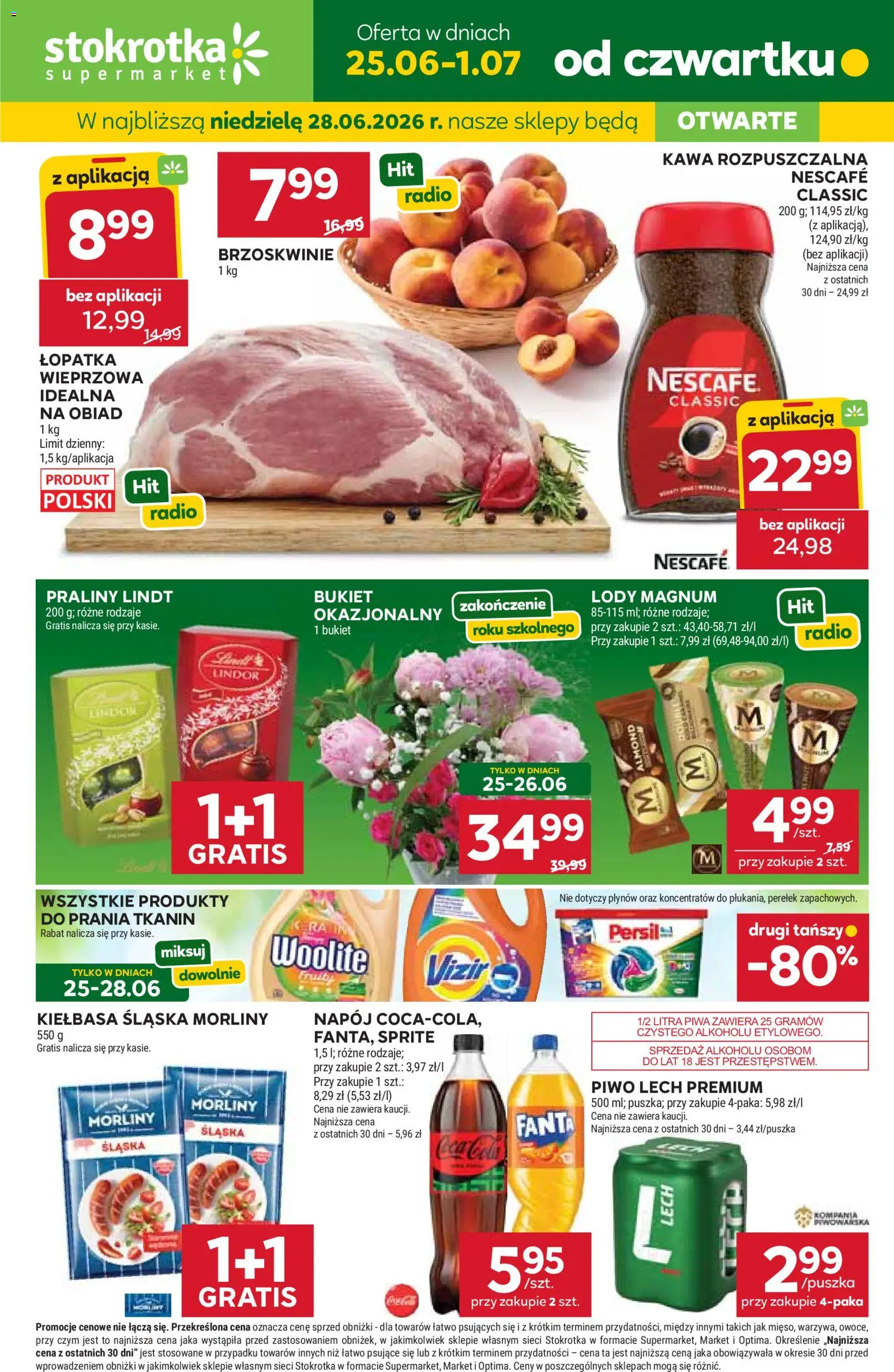 Stokrotka gazetka od 25.06.2026 | Strona: 1 | Produkty: Kiełbasa, Kiełbasa śląska morliny, Łopatka wieprzowa, Piwo
