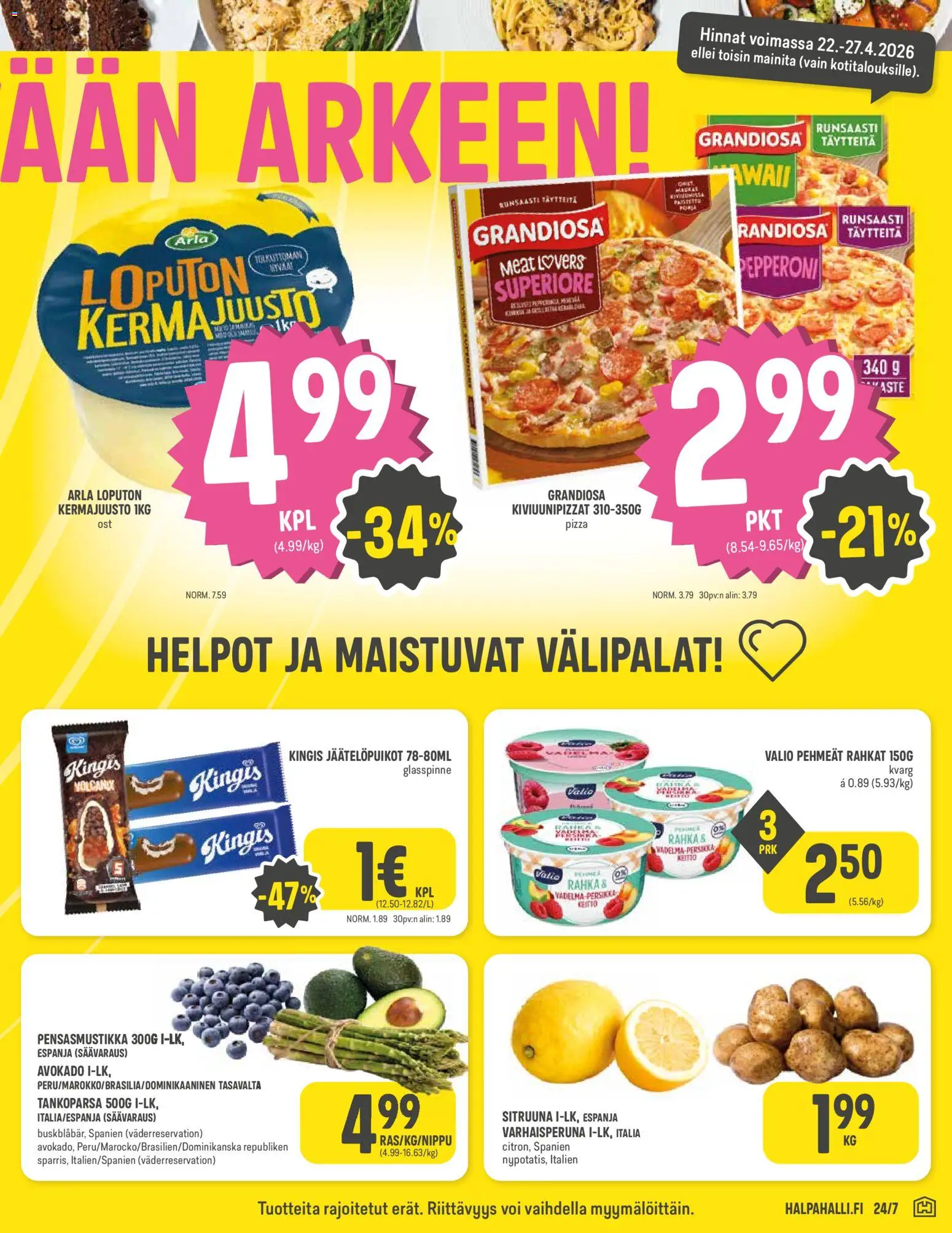 Halpa Halli tarjoukset – voimassa 22.04.2026 alkaen | Sivu: 3 | Tuotteet: Vadelma, Kermajuusto, Persikka, Pizza