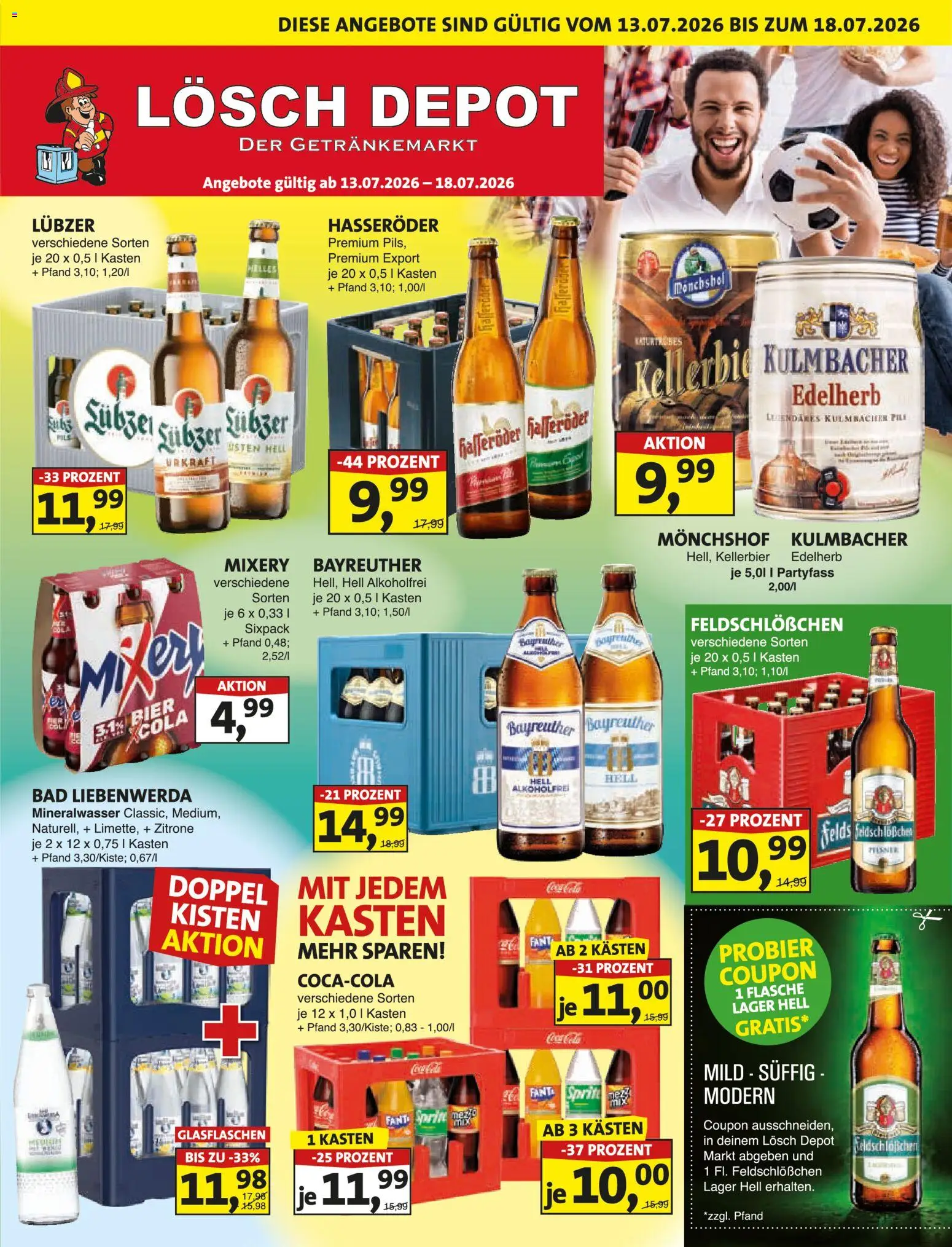 Lösch Depot Prospekt – gültig ab 13.07.2026 | Seite: 1 | Produkte: Bayreuther hell, Sprite, Cola, Hasseröder
