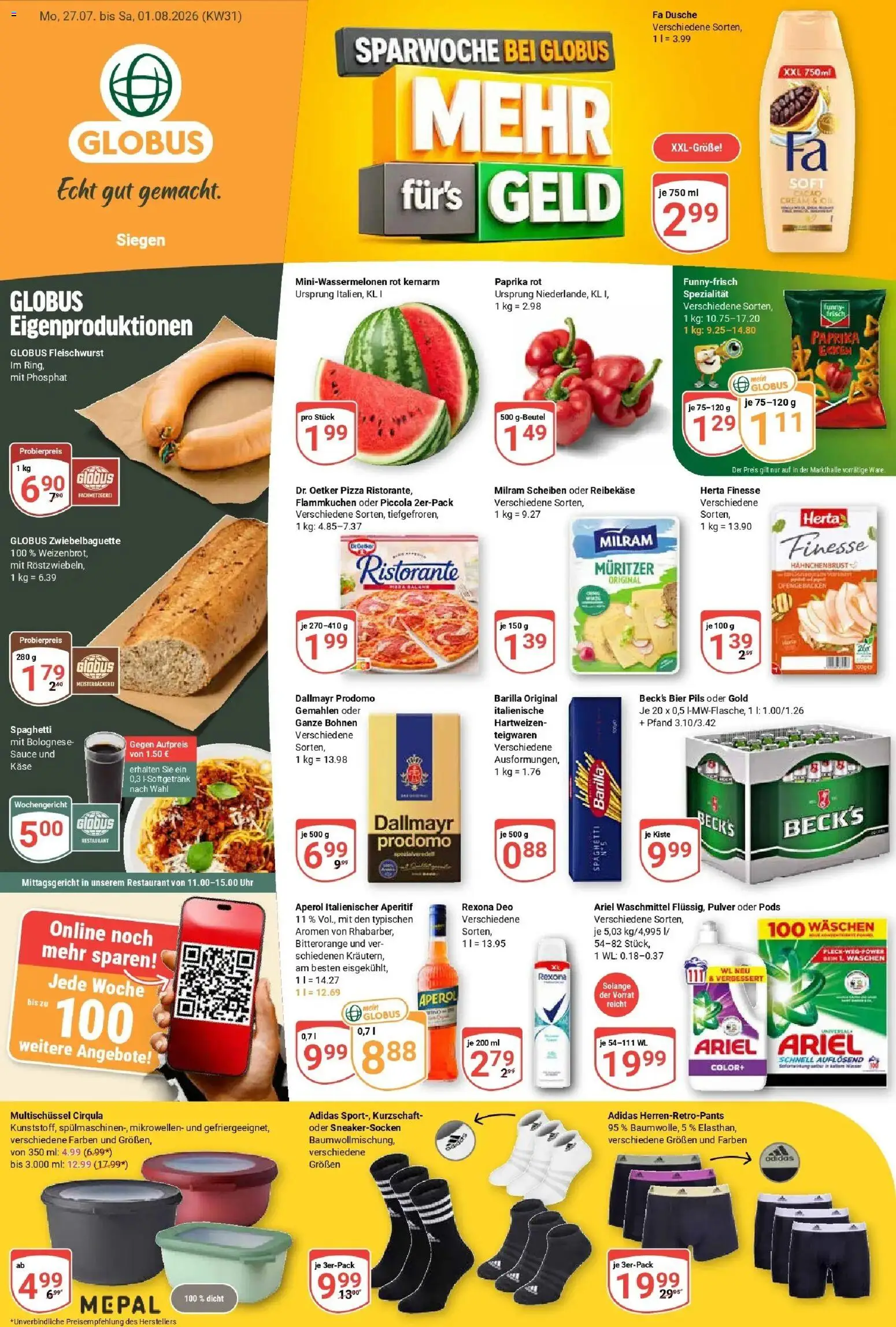 Globus Prospekt Siegen – gültig ab 27.07.2026 | Seite: 1 | Produkte: Käse, Dallmayr, Paprika, Aperol