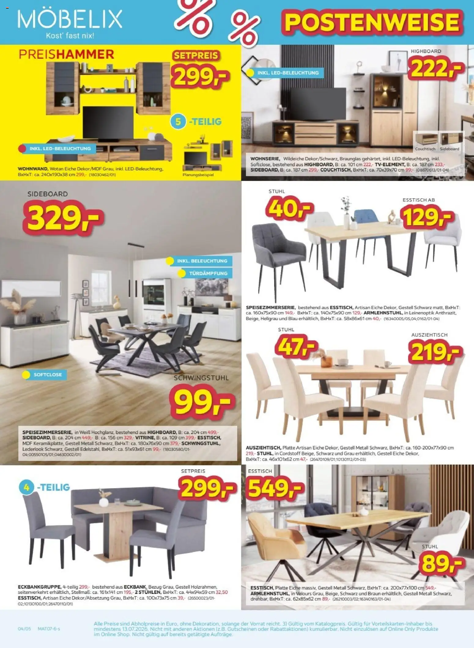 Möbelix Postenweise Outlet Preise gültig ab 07.07.2026 | Seite: 4 | Produkte: Couchtisch, Stuhl