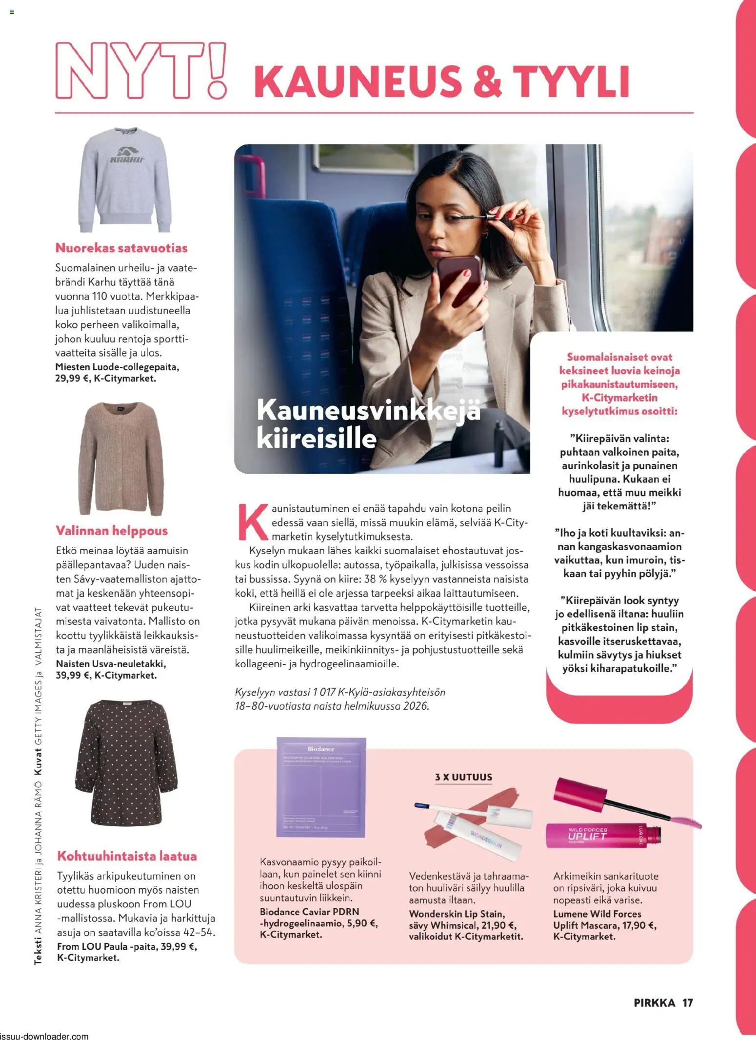 K-Citymarket - Pirkka – voimassa 26/08/2026 alkaen | Sivu: 17 | Tuotteet: Meikki, Kasvonaamio, Aurinkolasit, Vaatteet
