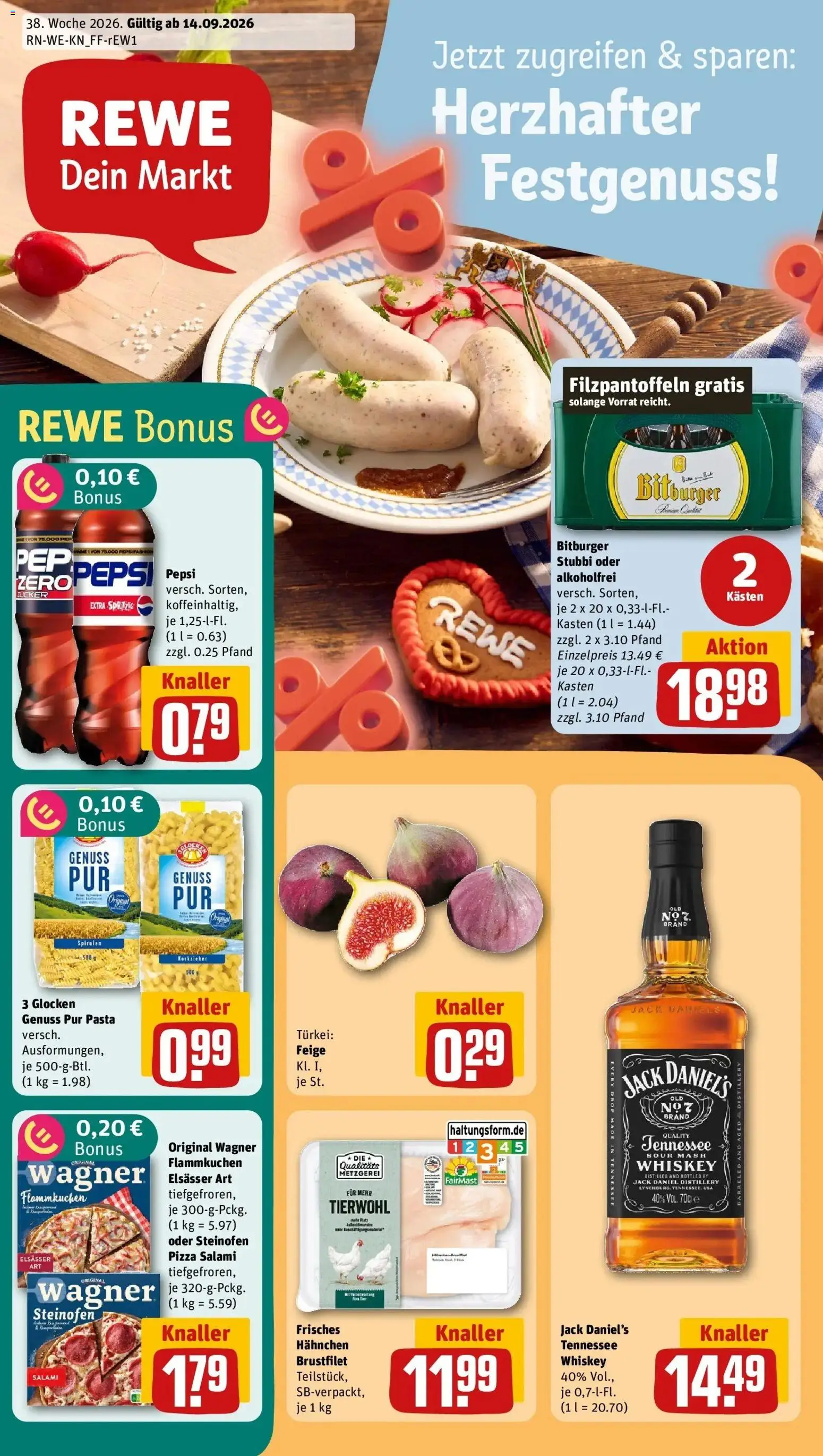 REWE Prospekt ab 14.09.2026 zum Blättern » Angebote | Seite: 1 | Produkte: Bitburger, Jack Daniel's, Zucker, Whiskey
