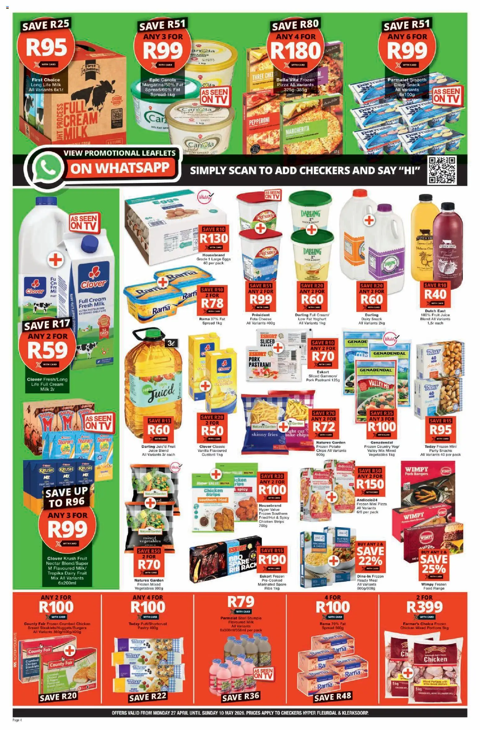 New Checkers catalogue – valid from 27.04.2026 | Page: 4 | Products: Custard, TV, Snacks, Fat spread