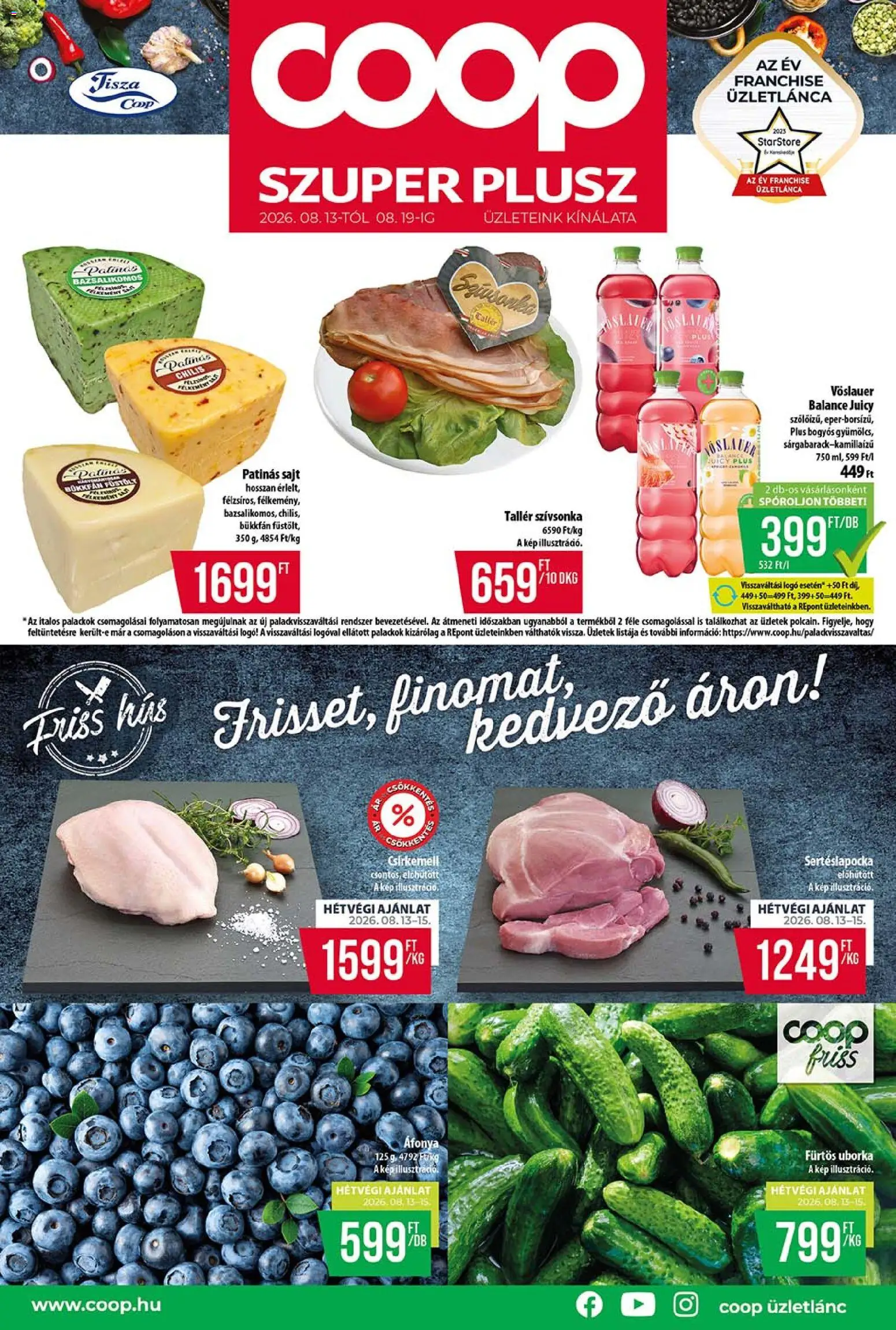 COOP akciós ujság - amely érvényes a következő dátumtól: 2026.08.13. | Oldal: 1 | Termékek: Hús, Fürtös uborka, Sajt, Uborka