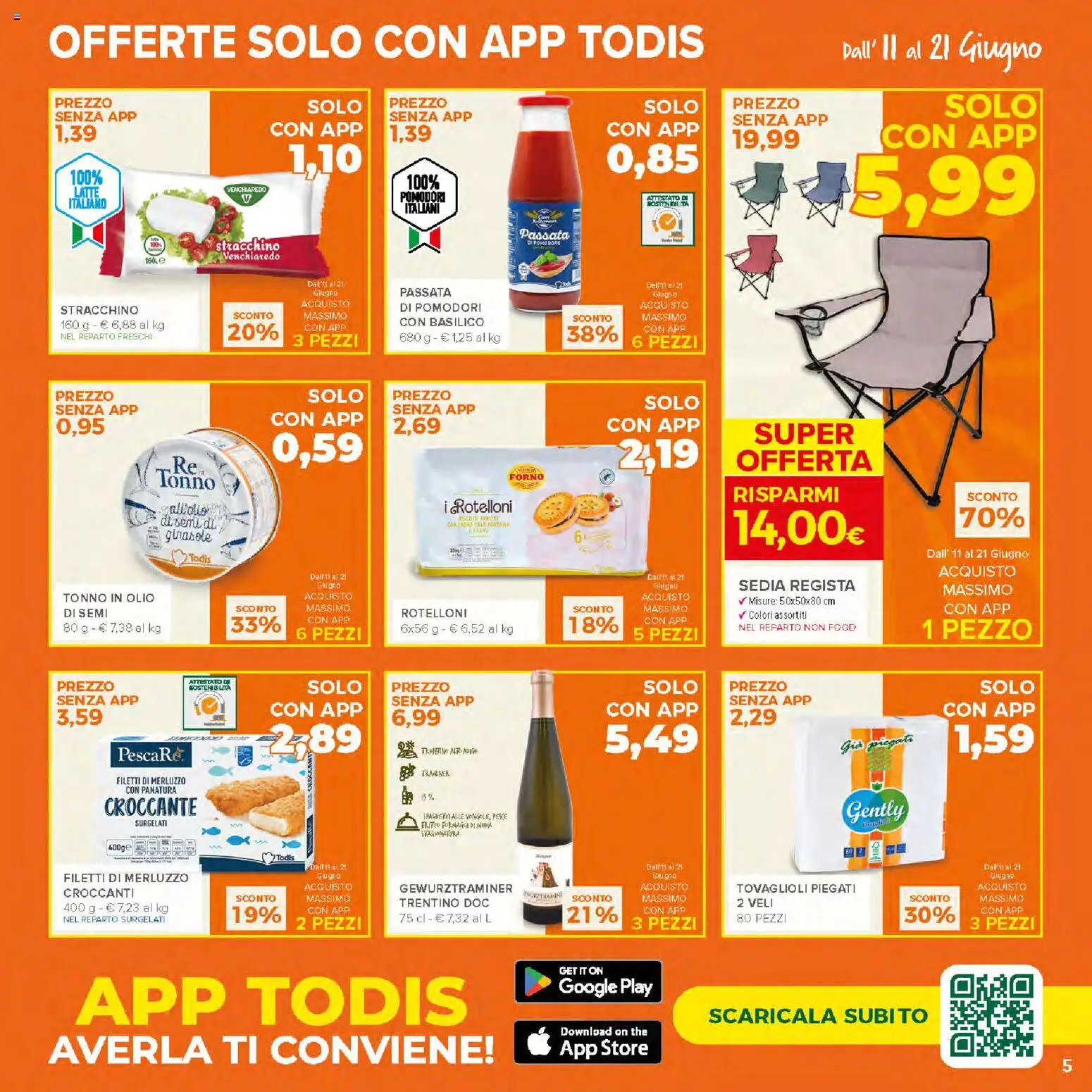Volantino Todis del 11.06.2026 | Pagina: 5 | Prodotti: Merluzzo, Pomodori, Basilico, Sedia