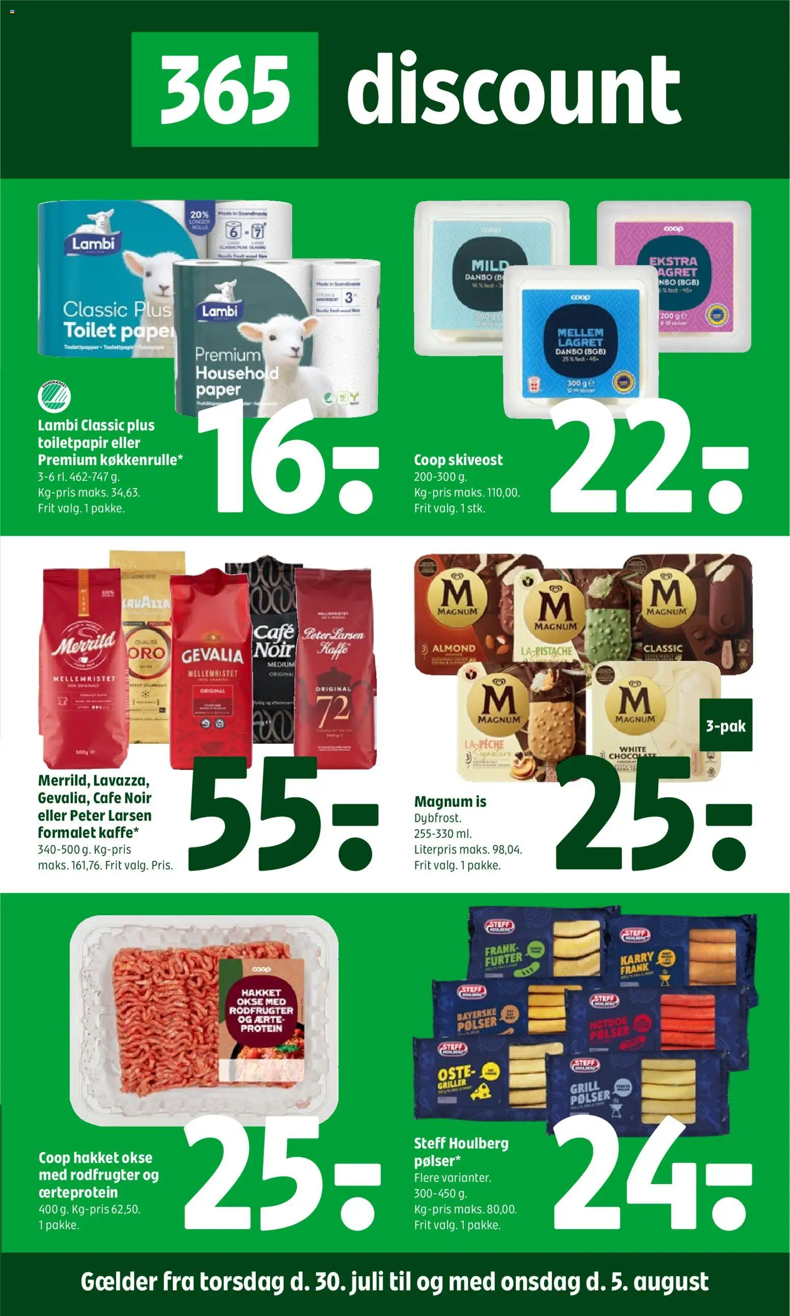 Coop 365 tilbudsavis – gyldig fra 30/07/2026 | Side: 1 | Produkter: Kaffe, Pølser, Is, Grill