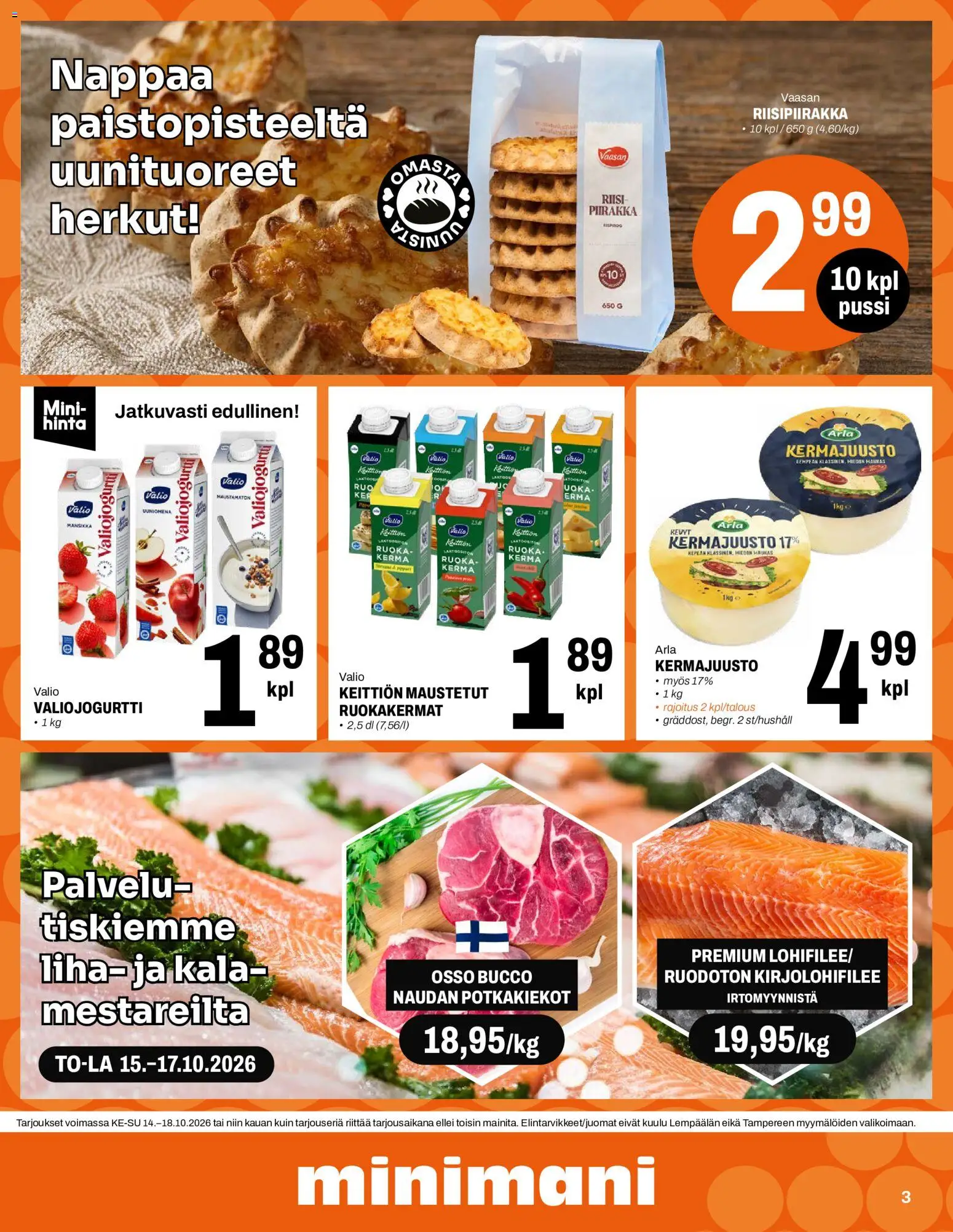 Minimani tarjoukset – voimassa 14/10/2026 alkaen | Sivu: 3 | Tuotteet: Kermajuusto, Riisi, Kerma, Liha