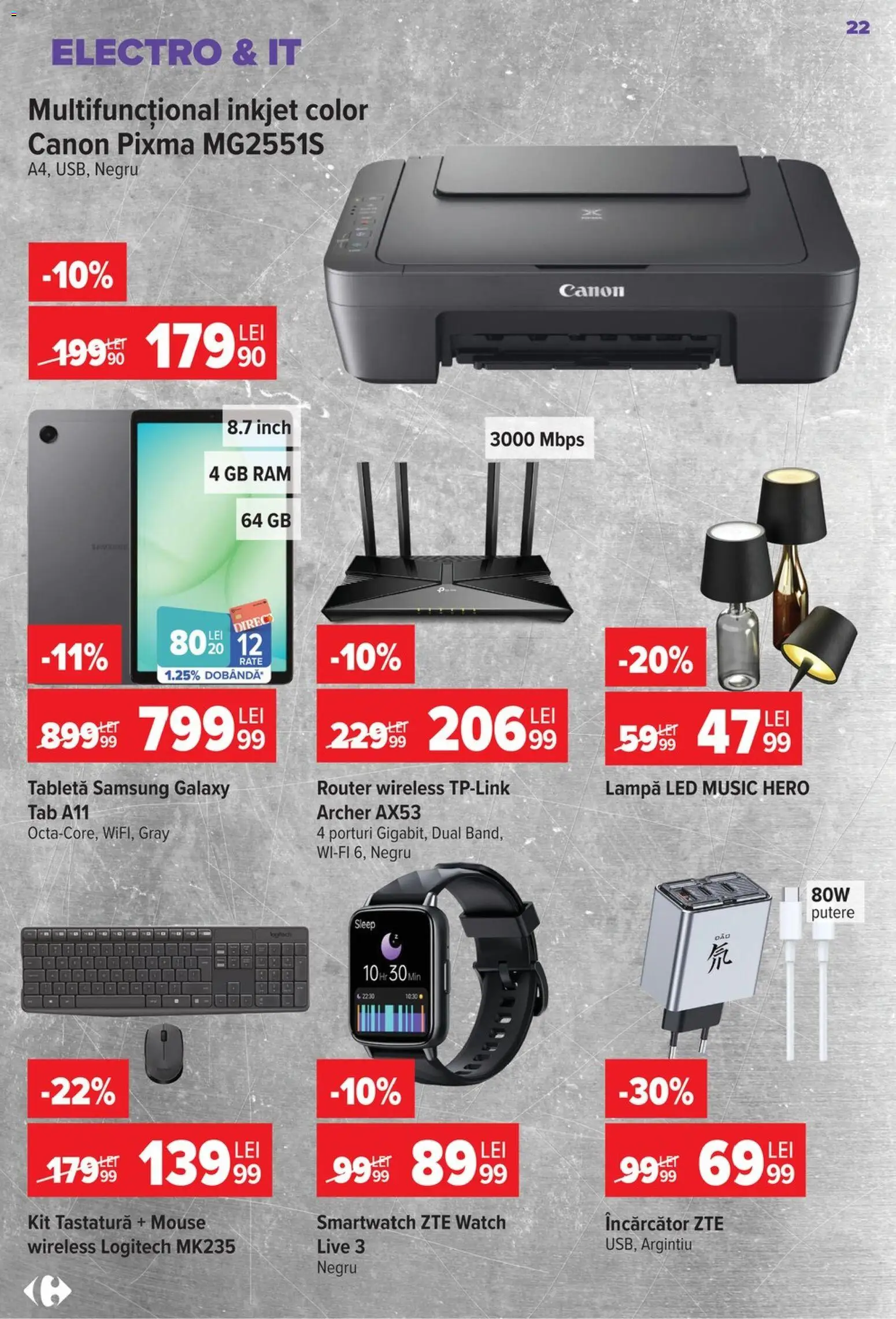Noul catalog Carrefour – valabil de la 22.07.2026 | Pagină: 22 | Produse: Încărcător, Router, Tastatură, Smartwatch