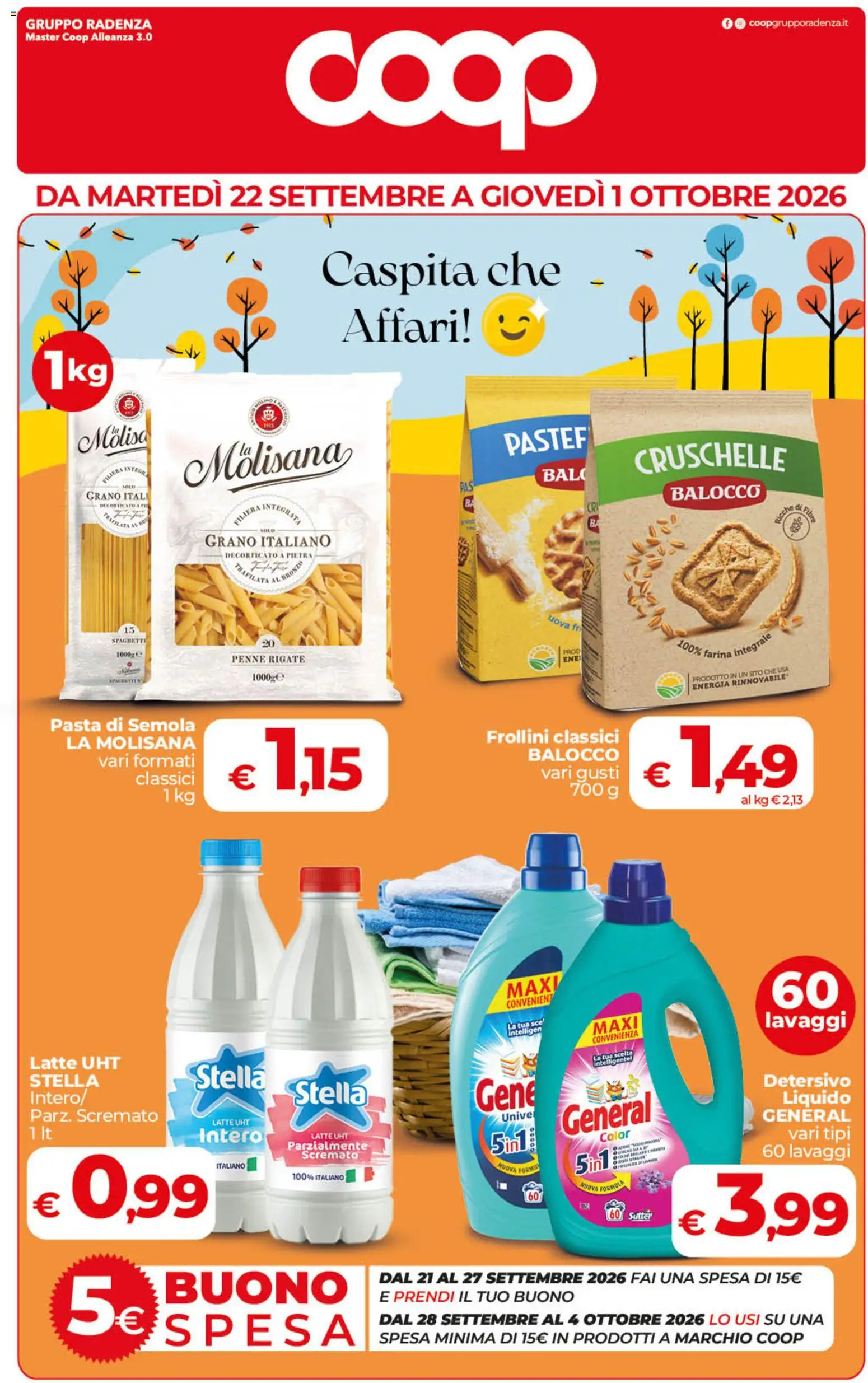 Volantino COOP del 22/09/2026 | Pagina: 1 | Prodotti: Latte, Farina integrale, Semola, Penne