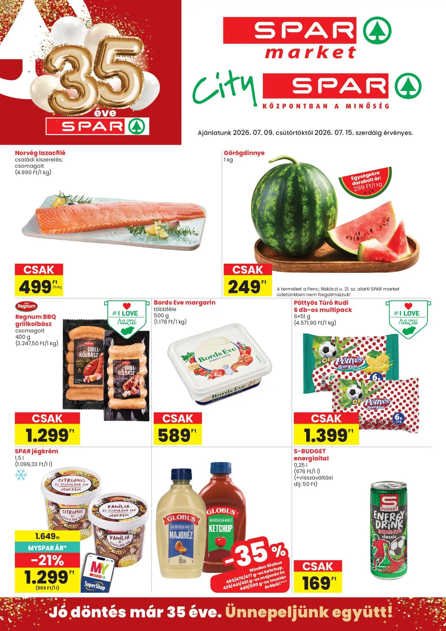Spar Market akciós ujság - amely érvényes a következő dátumtól: 2026.07.09. | Oldal: 1 | Termékek: Energiaital, Grillkolbász, Lazacfilé, Ketchup