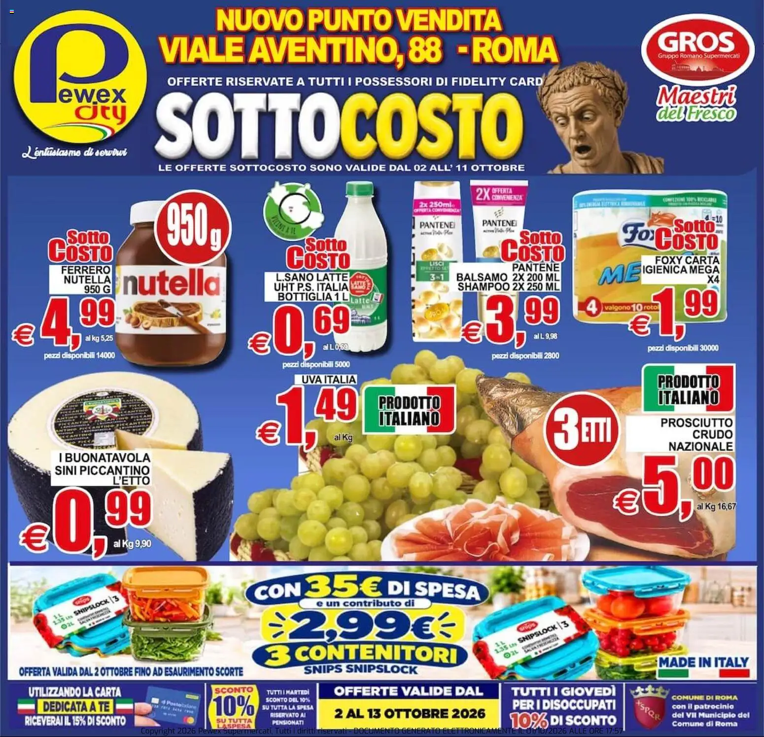 Volantino Pewex del 02/10/2026 | Pagina: 1 | Prodotti: Prosciutto Crudo, Latte, Nutella, Bottiglia
