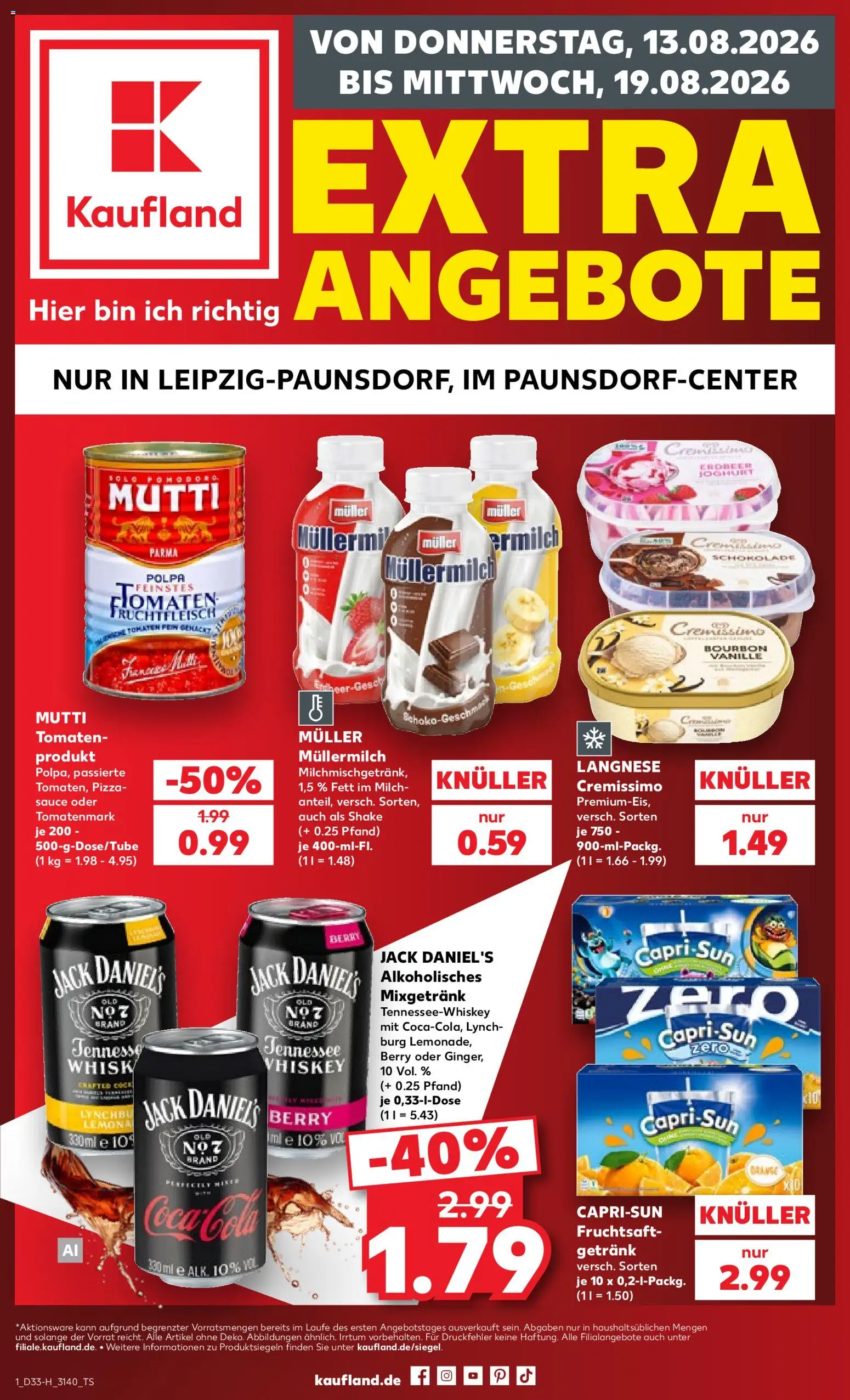 Kaufland Prospekt Leipzig – gültig ab 13.08.2026 | Seite: 1 | Produkte: Mixgetränk, Joghurt, Jack Daniel's, Müllermilch
