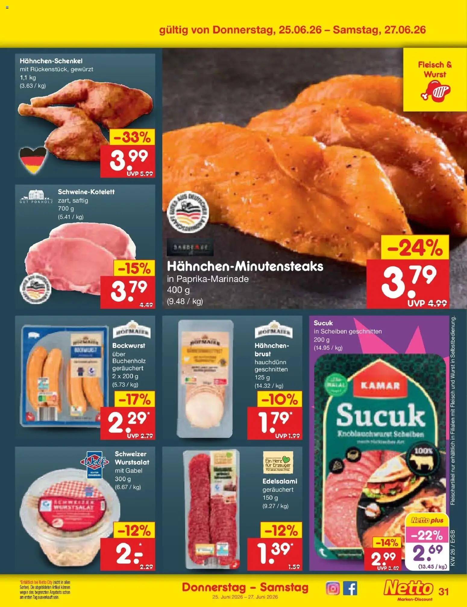 Netto Marken-Discount Prospekt Nordhausen – gültig ab 21.06.2026 | Seite: 42 | Produkte: Bockwurst, Hahnchenschenkel, Wurst, Fleisch