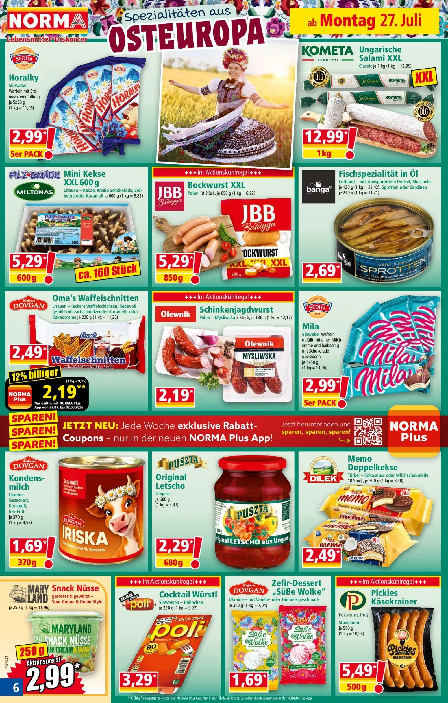 Norma Flugblatt gültig ab 27.07.2026 | Seite: 6 | Produkte: Nüsse, Creme, Salami, Geröstet