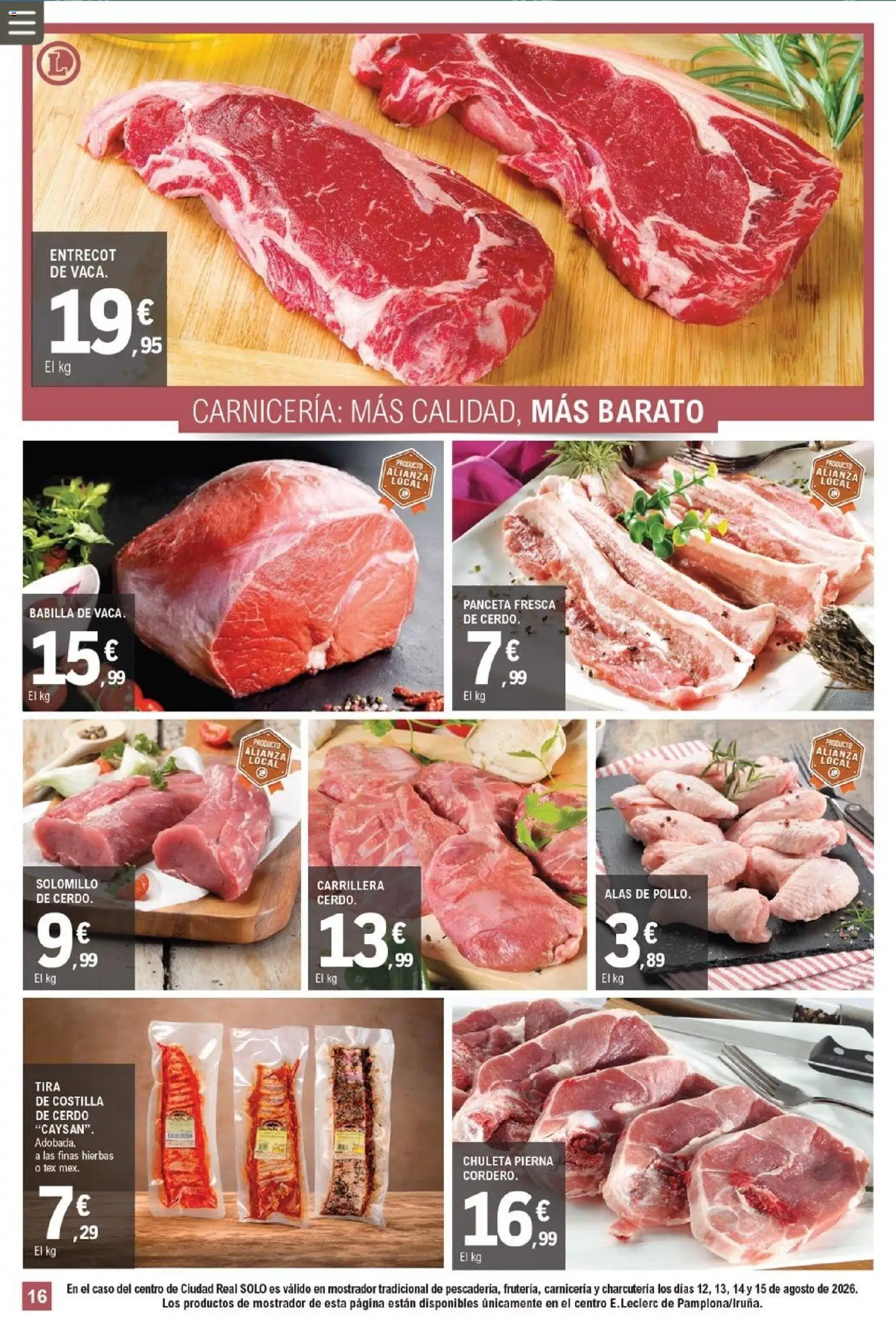 E.Leclerc Pamplona │ válido desde el 12/08/2026 | Página: 16 | Productos: Cerdo, Entrecot, Costilla de cerdo, Hierbas