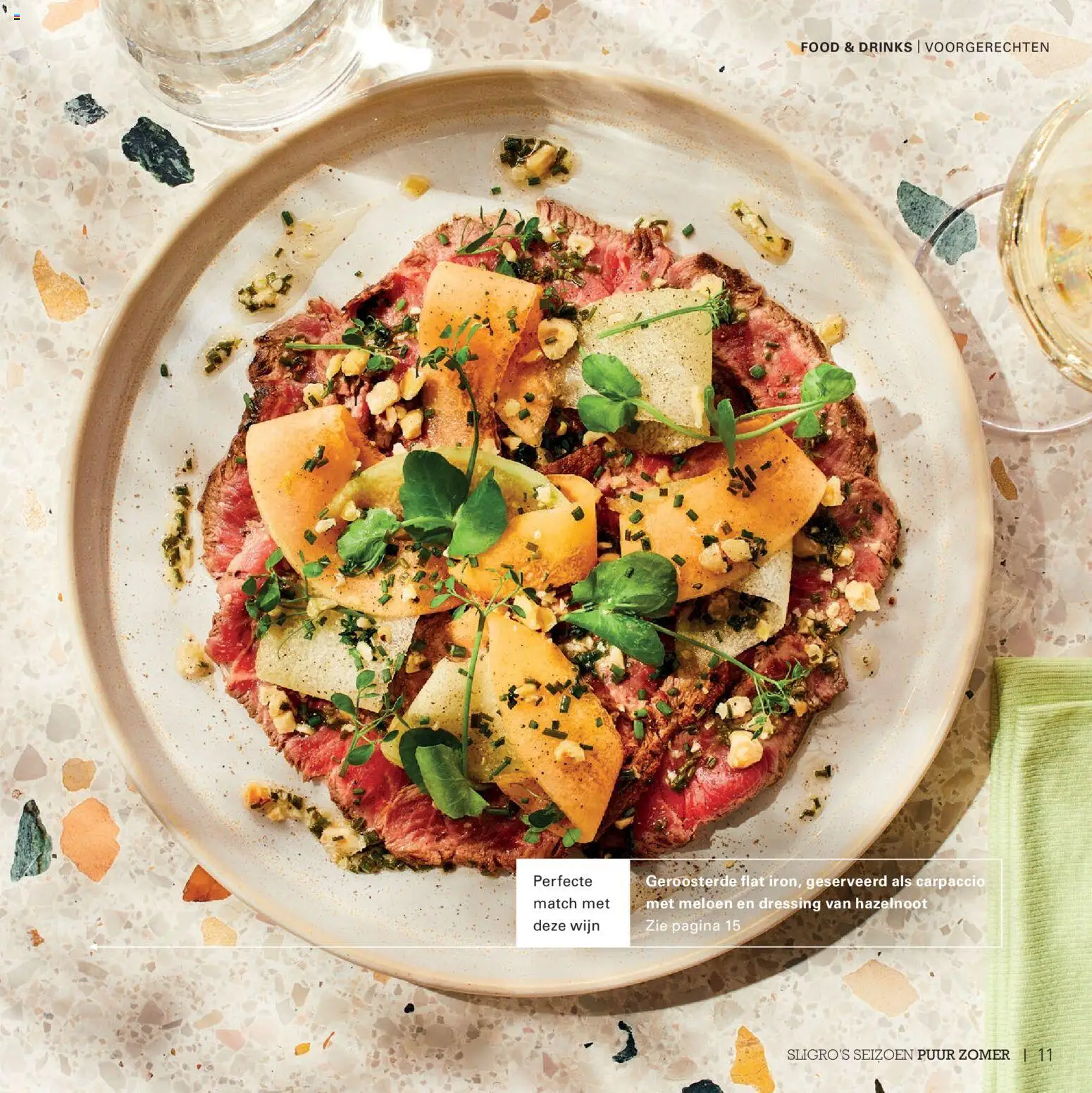 {H1} | Pagina: 11 | Producten: Meloen, Wijn, Dressing, Carpaccio