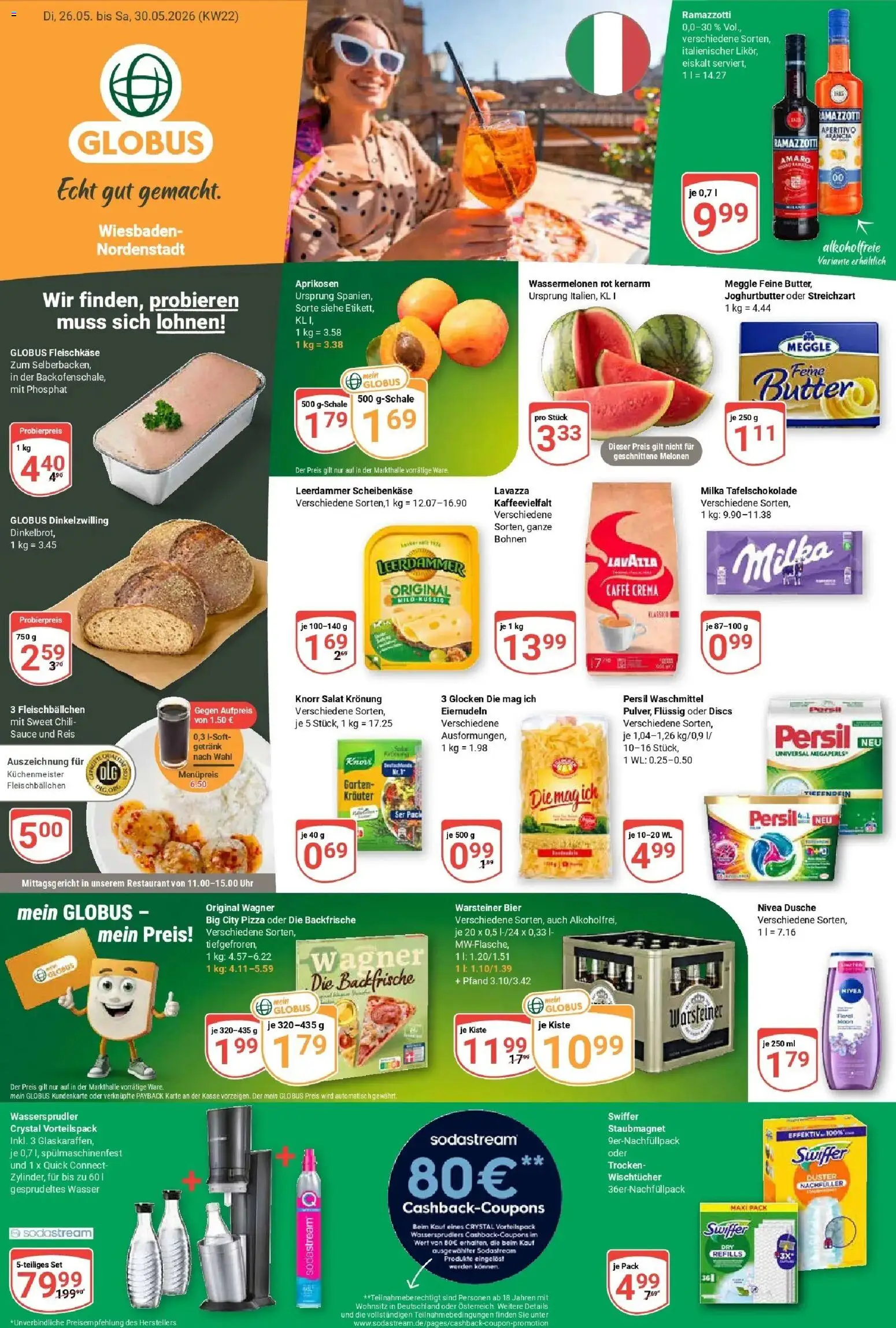 Globus Prospekt Wiesbaden-Nordenstadt – gültig ab 26.05.2026 | Seite: 1 | Produkte: Lavazza, Butter, Bier, Ramazzotti