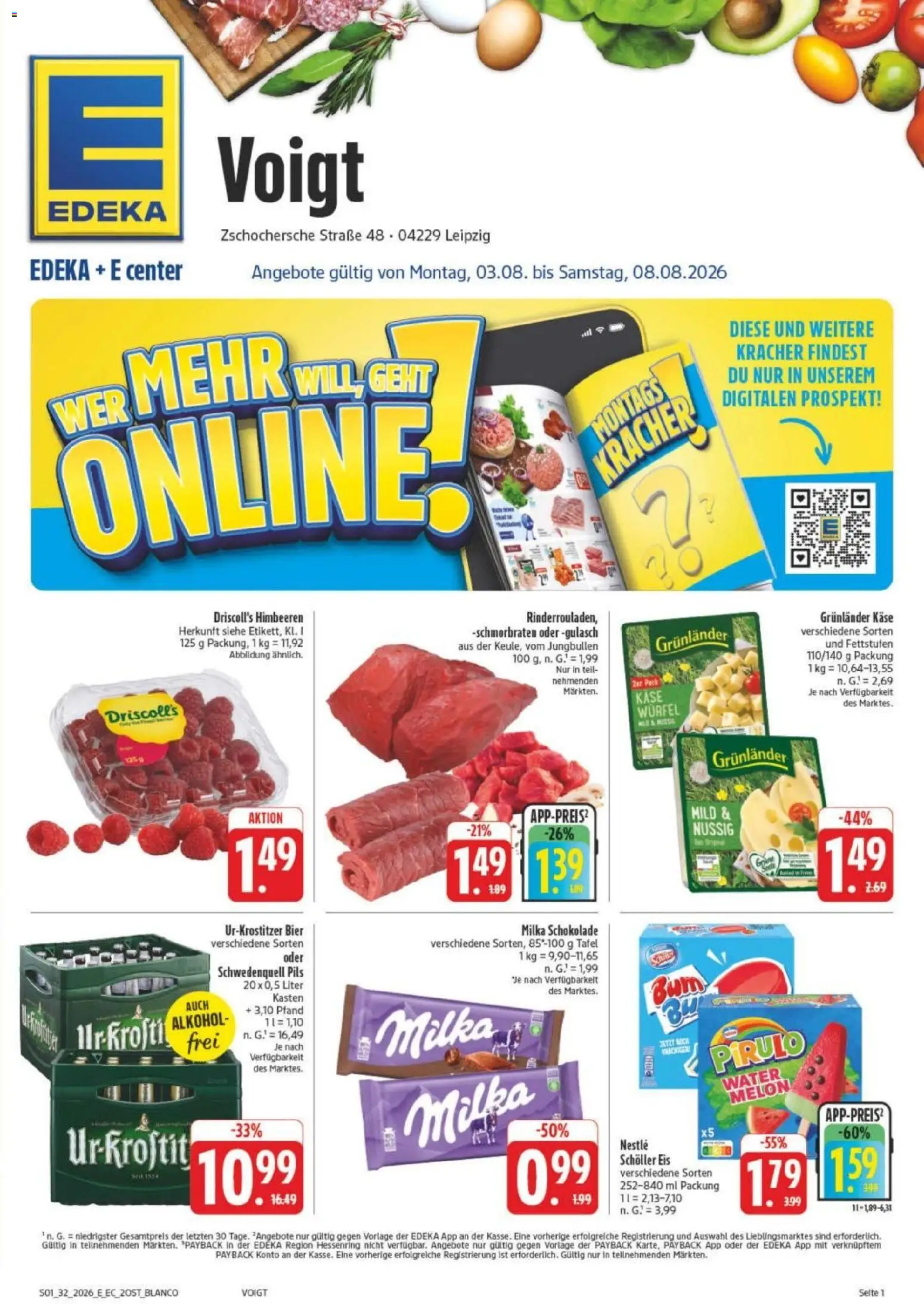 Edeka Prospekt Leipzig – gültig ab 03.08.2026 | Seite: 1 | Produkte: Himbeeren, Milka, Grunlander, Gulasch
