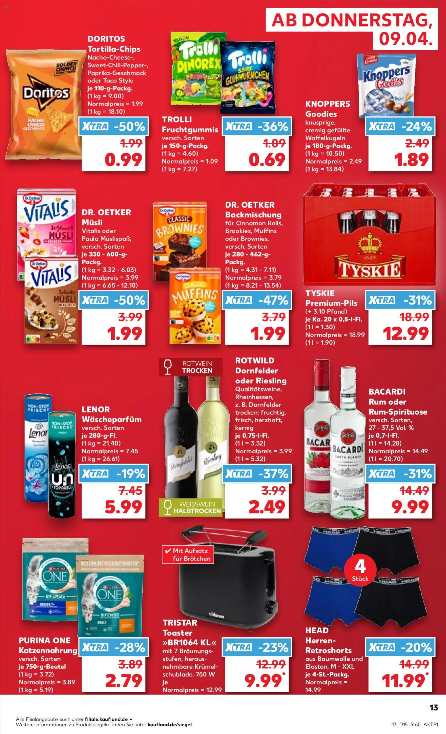 Kaufland Prospekt – gültig ab 09.04.2026 | Seite: 13 | Produkte: Purina one, Bacardi, Weißwein, Rotwein