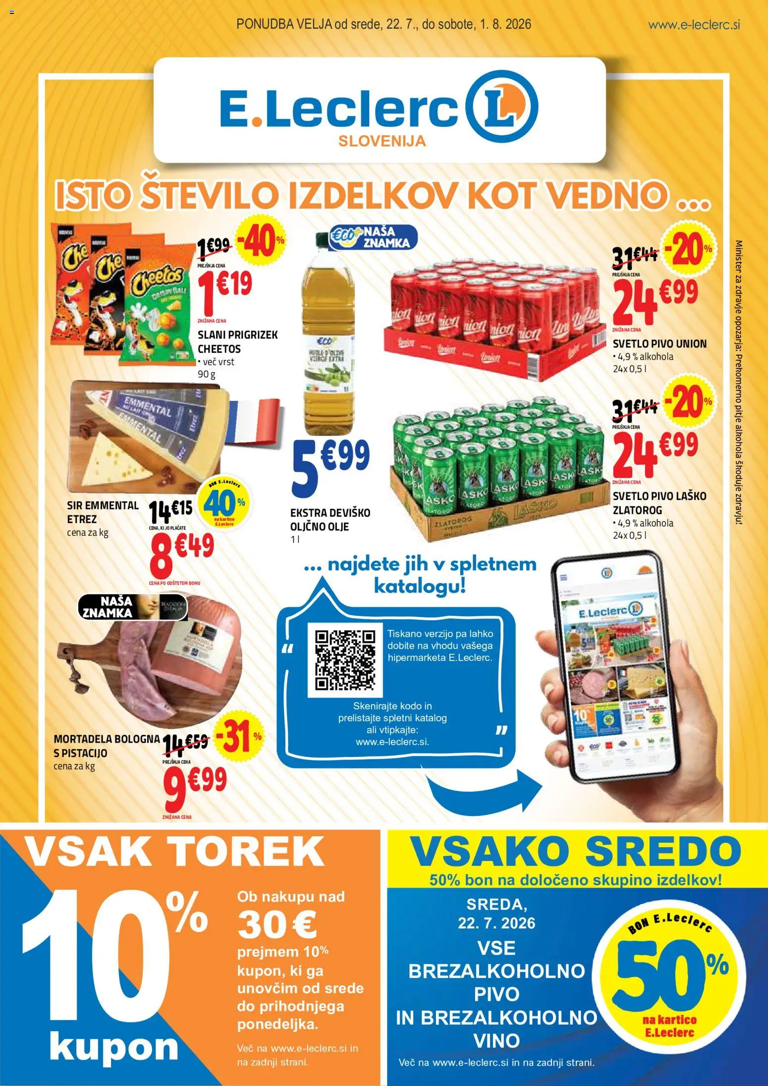 Novi E.leclerc katalog ponudbe – veljaven od 22.07.2026 | Stran: 1 | Izdelki: Oljčno olje, Sir, Olje, Vino