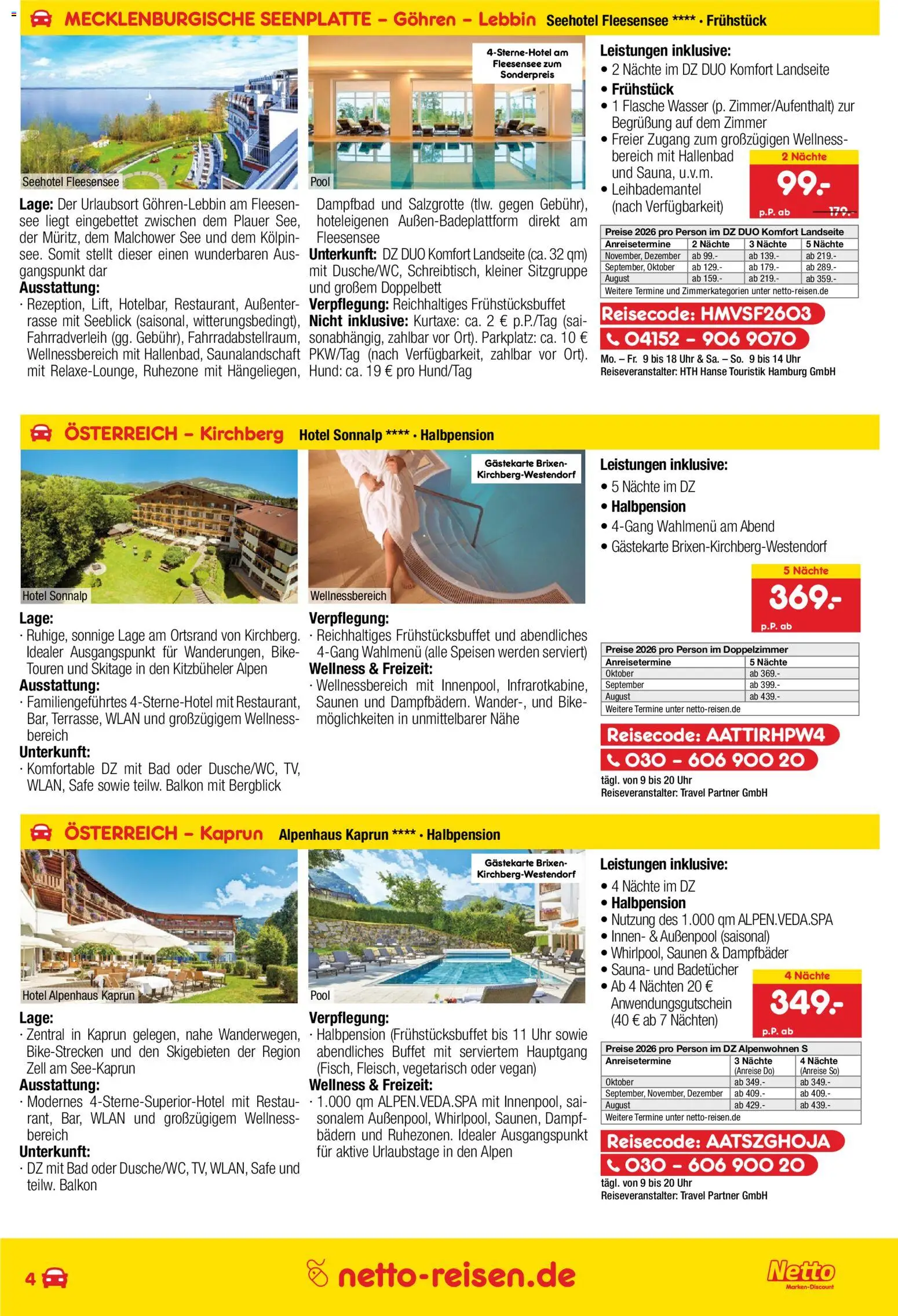 Netto Reisen Prospekt – gültig ab 30.07.2026 | Seite: 4 | Produkte: Doppelbett, Bad, Wasser, Uhr