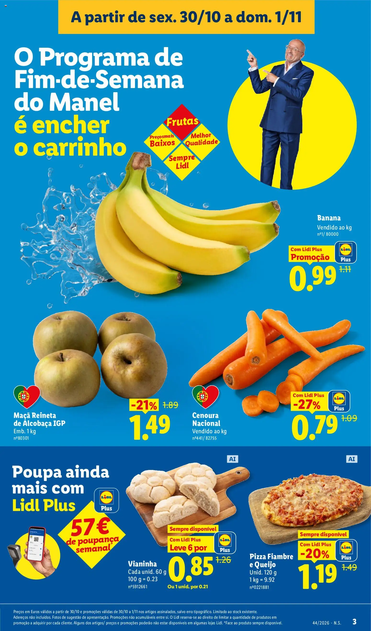 Lidl Promoções Fim de Semana │ válido de 30/10/2026 | Página: 3 | Produtos: Fiambre, Banana, Queijo, Pizza