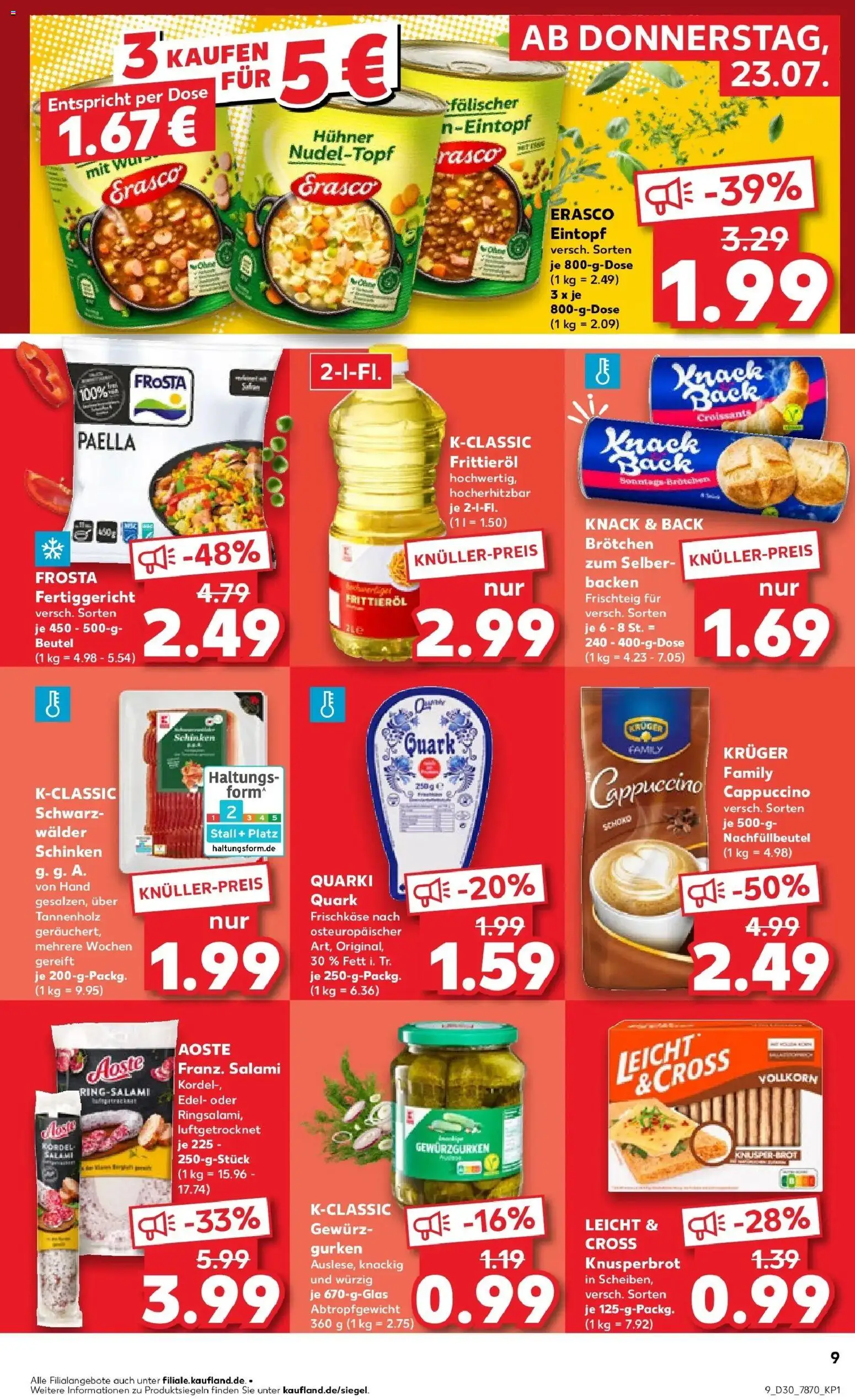 Kaufland Prospekt Bad Dürrheim – gültig ab 23.07.2026 | Seite: 9 | Produkte: Frosta, Salami, Schinken, Erasco