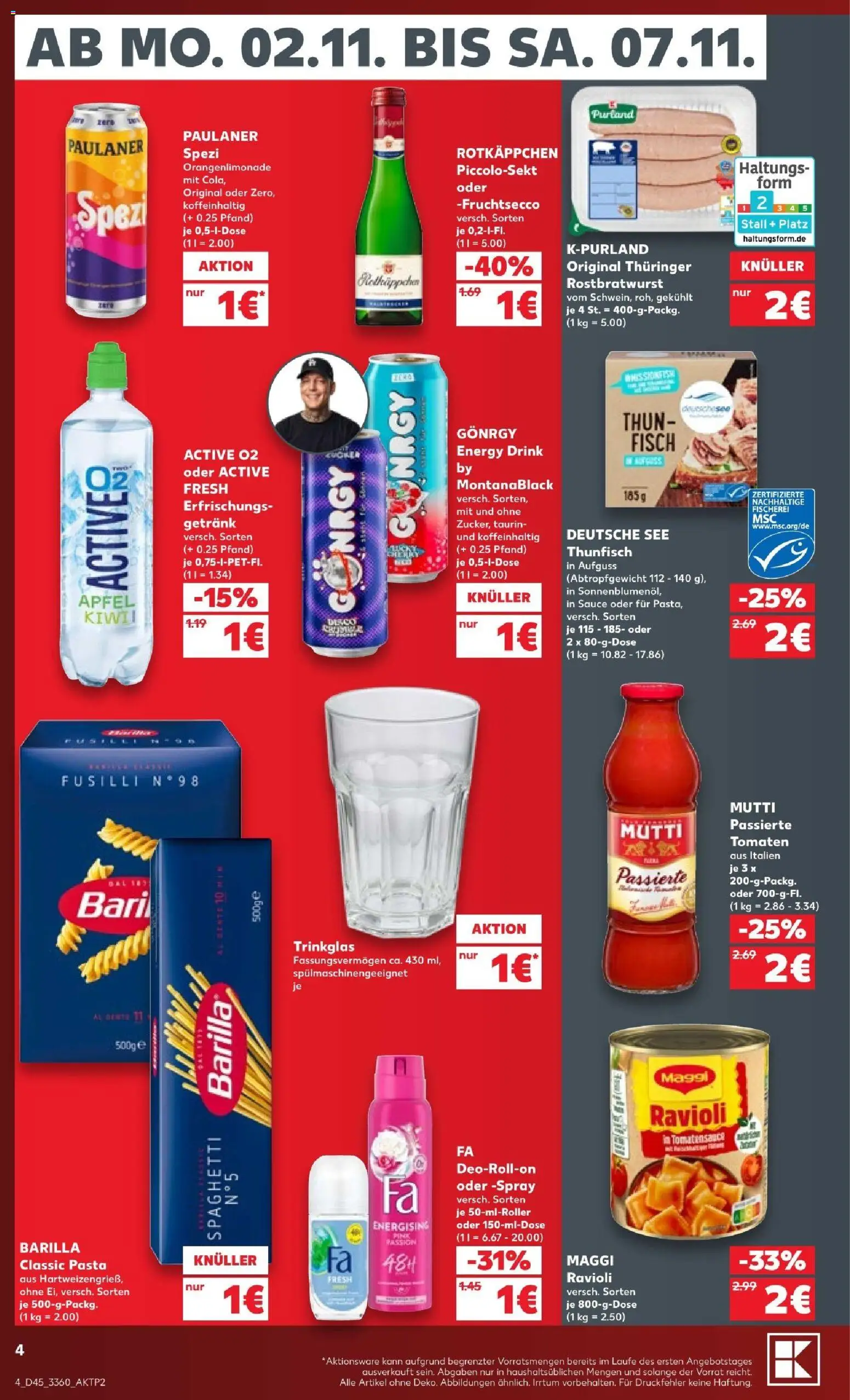 Kaufland Prospekt – gültig ab 02.11.2026 | Seite: 4 | Produkte: Energy, Spaghetti, Äpfel, Fruchtsecco