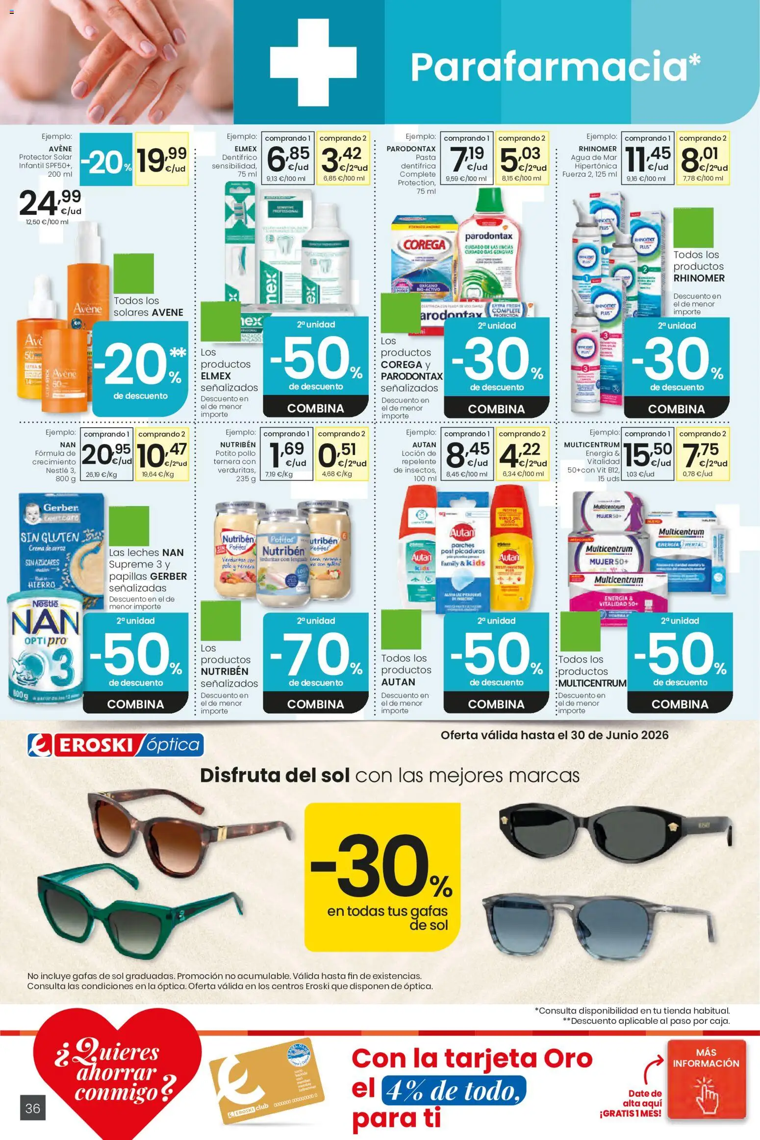 Eroski Ofertones de verano │ válido desde el 28.05.2026 | Página: 36 | Productos: Protector solar, Arroz, Pasta, Crema