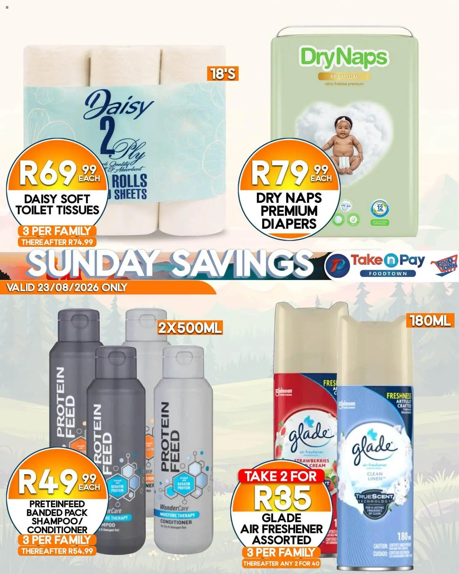 New Take n Pay catalogue – valid from 23/08/2026 | Page: 4 | Products: Protein, Toilet, Conditioner, Cream