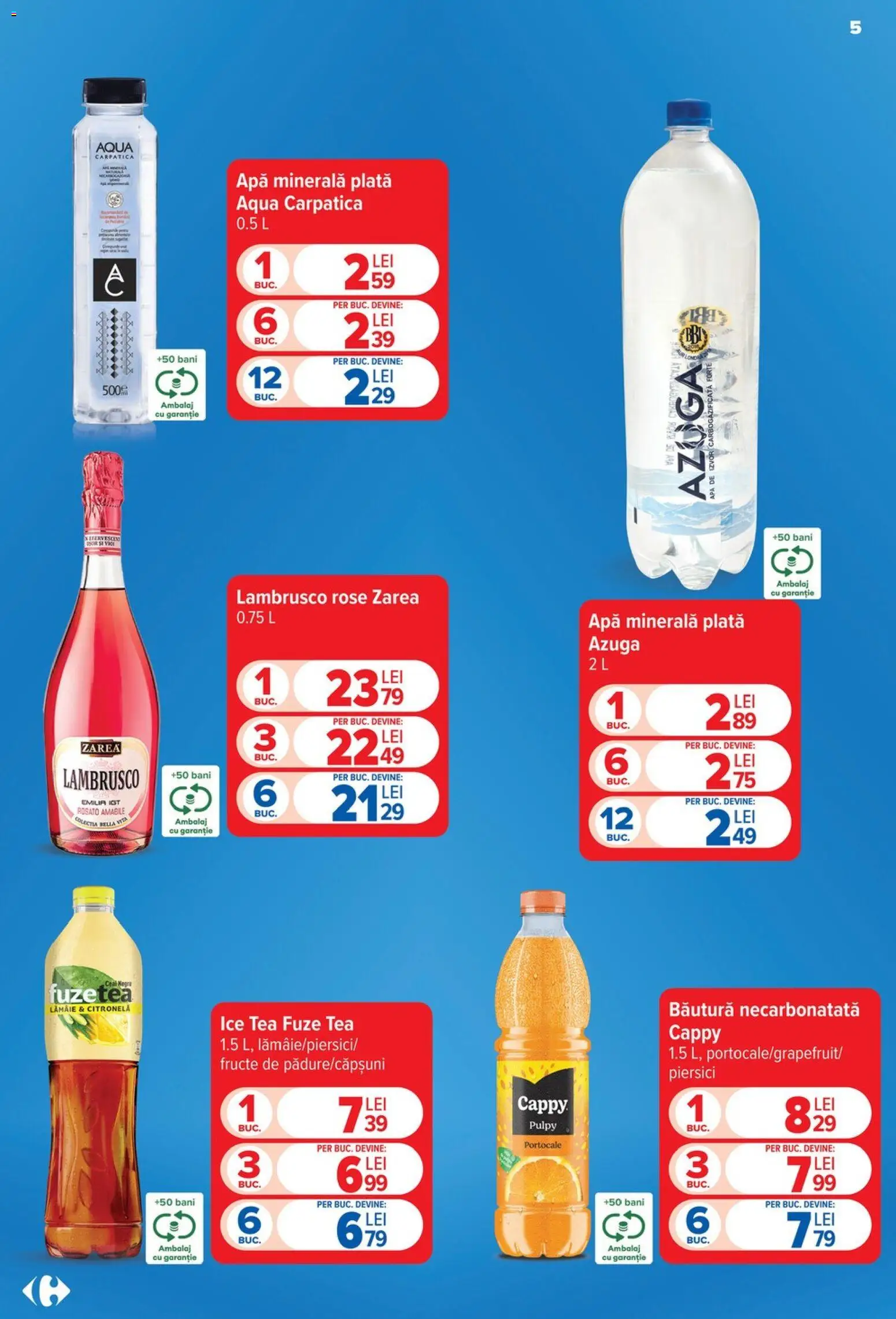Noul catalog Carrefour – valabil de la 12.08.2026 | Pagină: 5 | Produse: Apa minerala, Lambrusco, Apă, Fructe