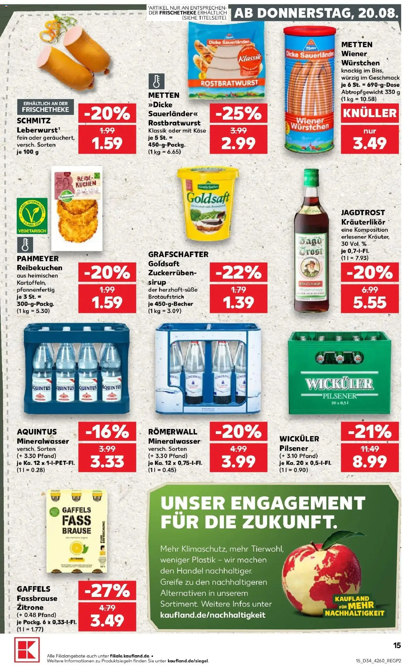 Prospekt Kaufland ab 20.08.2026 » Angebote Online zum Blättern | Seite: 15 | Produkte: Wiener wurstchen, Käse, Mineralwasser, Fassbrause