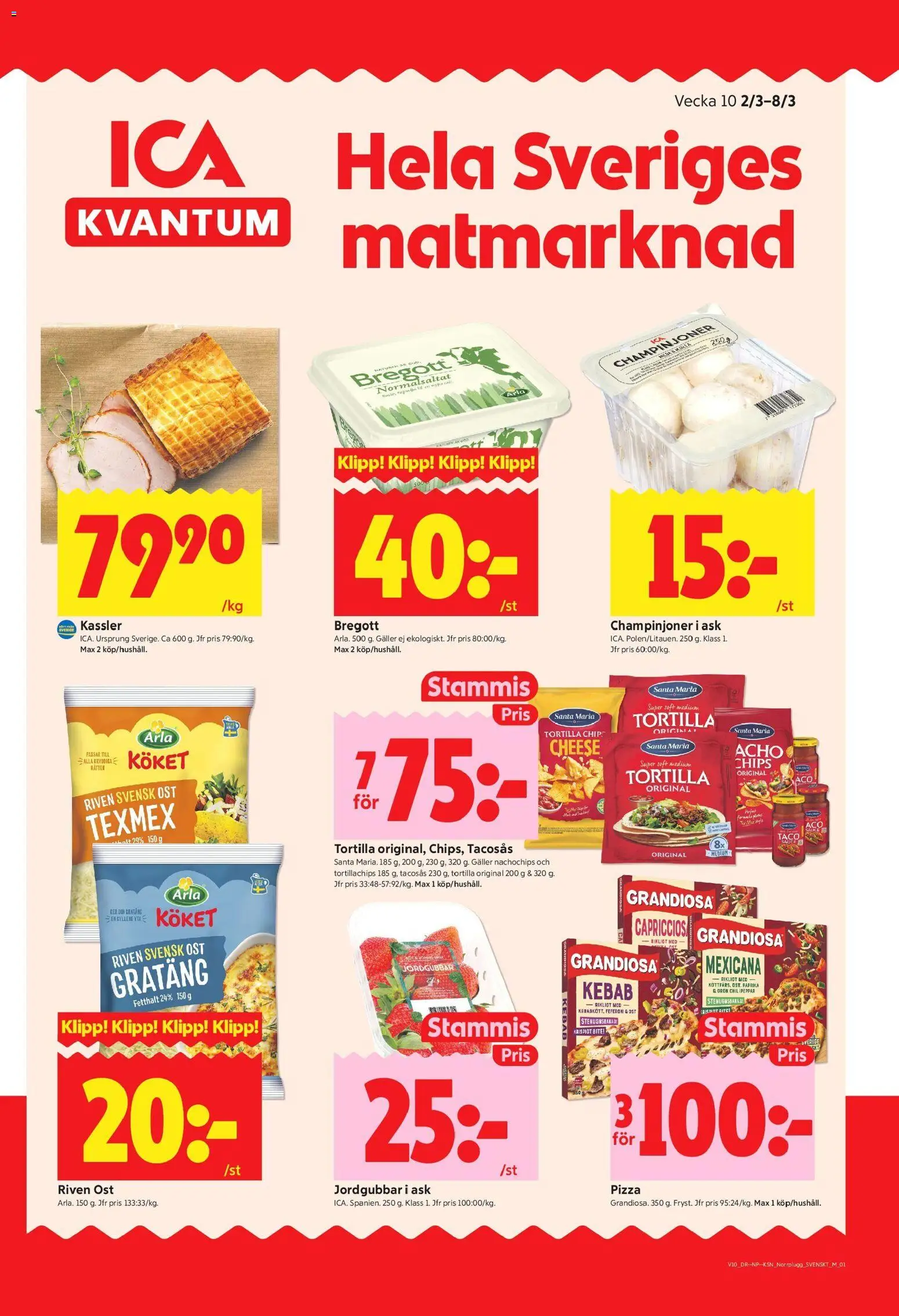 ICA Kvantum reklamblad aktuell från 02.03.2026 | Sida: 1 | Produkter: Kassler, Bregott, Riven ost, Pizza